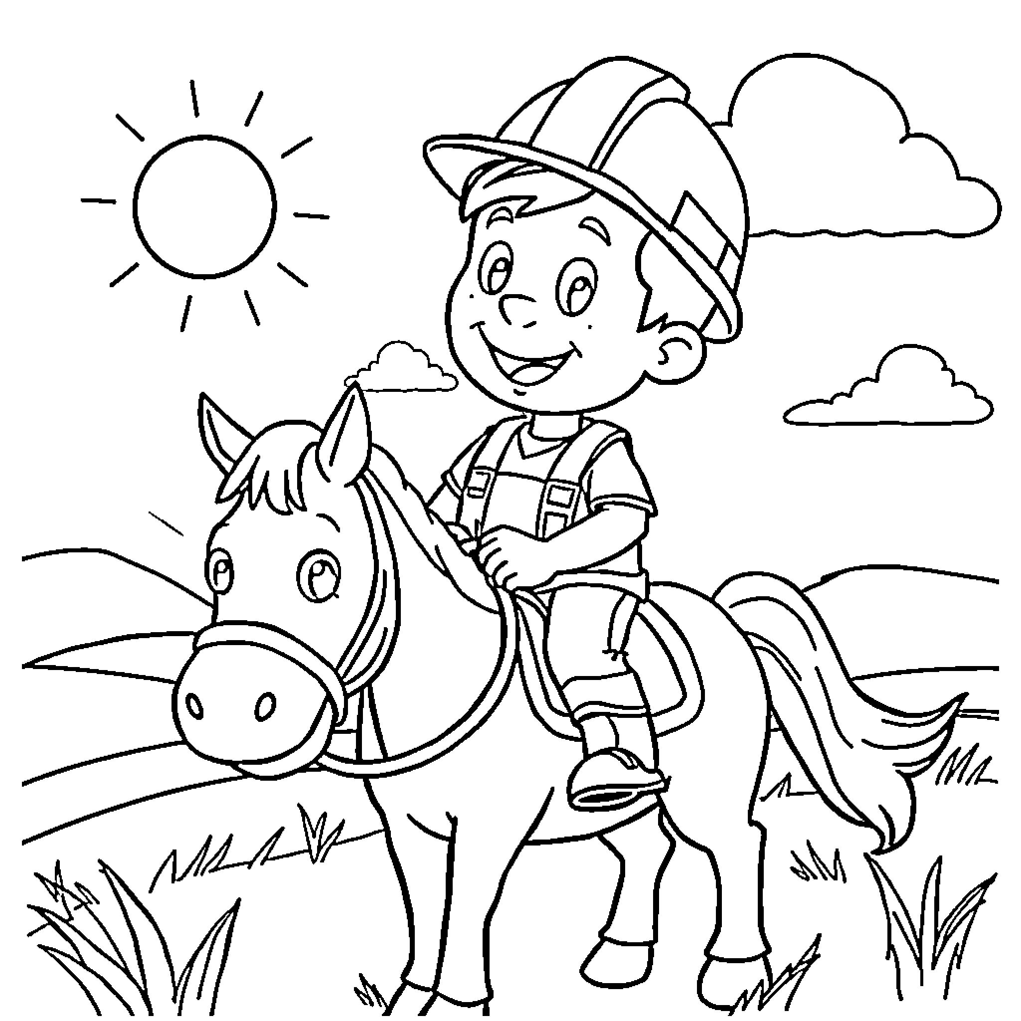 Bob the Builder riding a horse on a sunny day Coloring Page (free black-and-white line drawing printable PDF for all, from beginners to advanced learners, including children, teens, adults, and seniors)