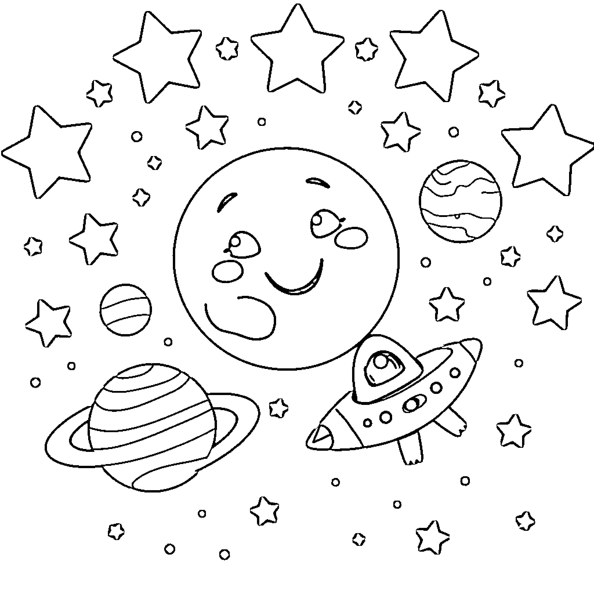 Moon and Celestial Objects in Space Coloring Page (free black-and-white line drawing printable PDF for all, from beginners to advanced learners, including children, teens, adults, and seniors)