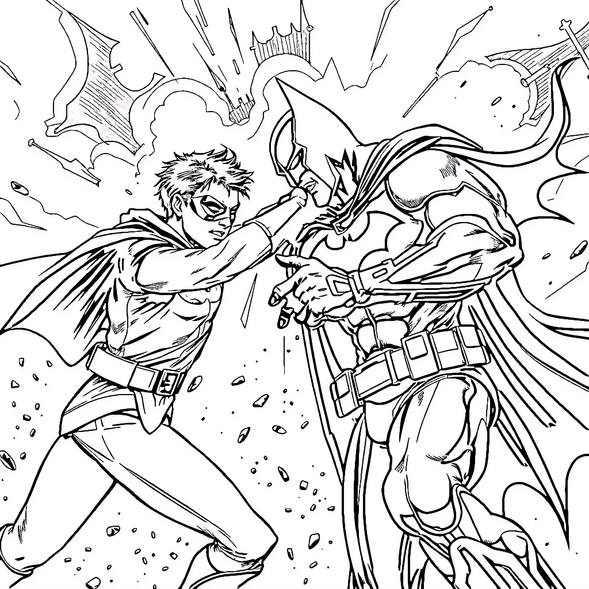 Robin fighting a fearsome creature in an intense battle Coloring Page (free black-and-white line drawing printable PDF for all, from beginners to advanced learners, including children, teens, adults, and seniors)
