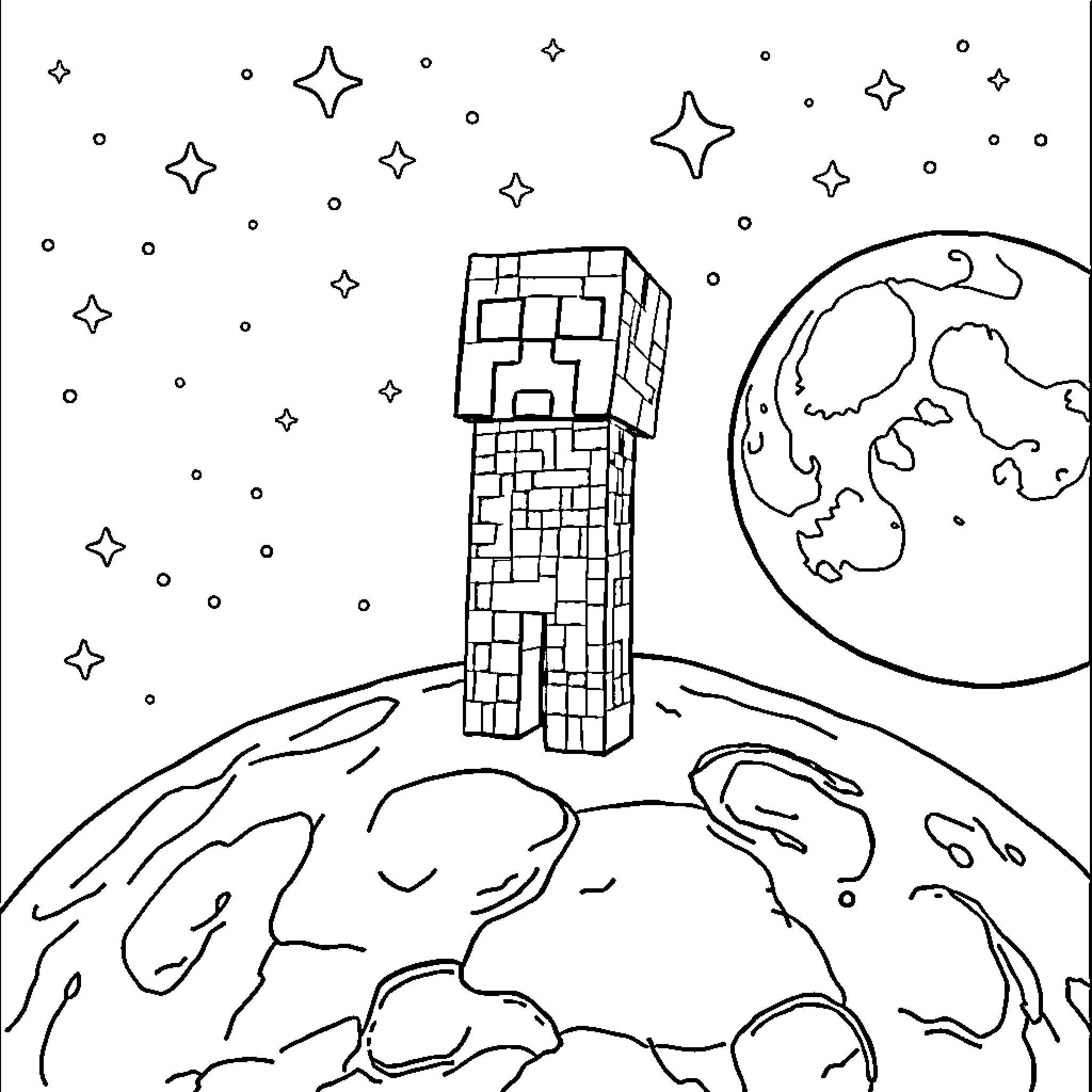 Creeper exploring the vast cosmic landscape Coloring Page (free black-and-white line drawing printable PDF for all, from beginners to advanced learners, including children, teens, adults, and seniors)