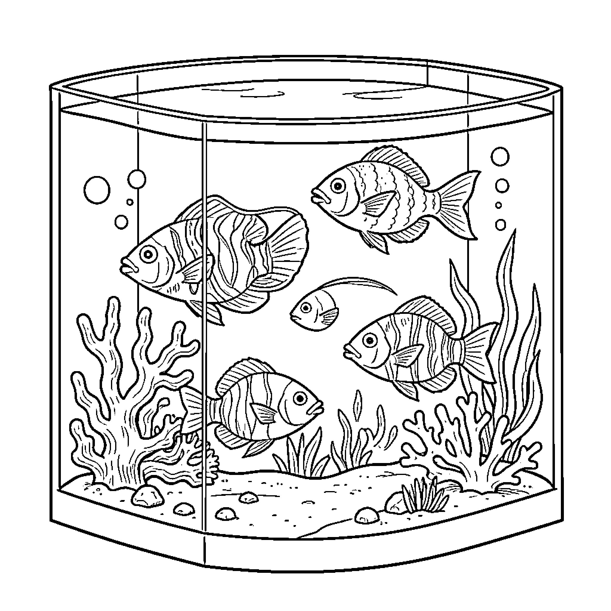 Fish Swimming in Aquarium Coloring Page (free black-and-white line drawing printable PDF for all, from beginners to advanced learners, including children, teens, adults, and seniors)