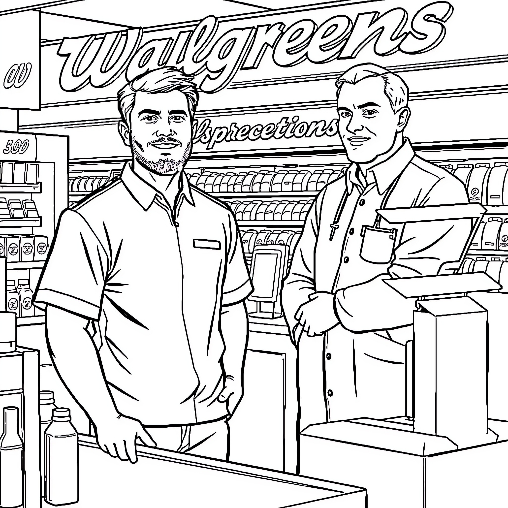 Man working behind the counter at a drugstore Coloring Page (free black-and-white line drawing printable PDF for all, from beginners to advanced learners, including children, teens, adults, and seniors)