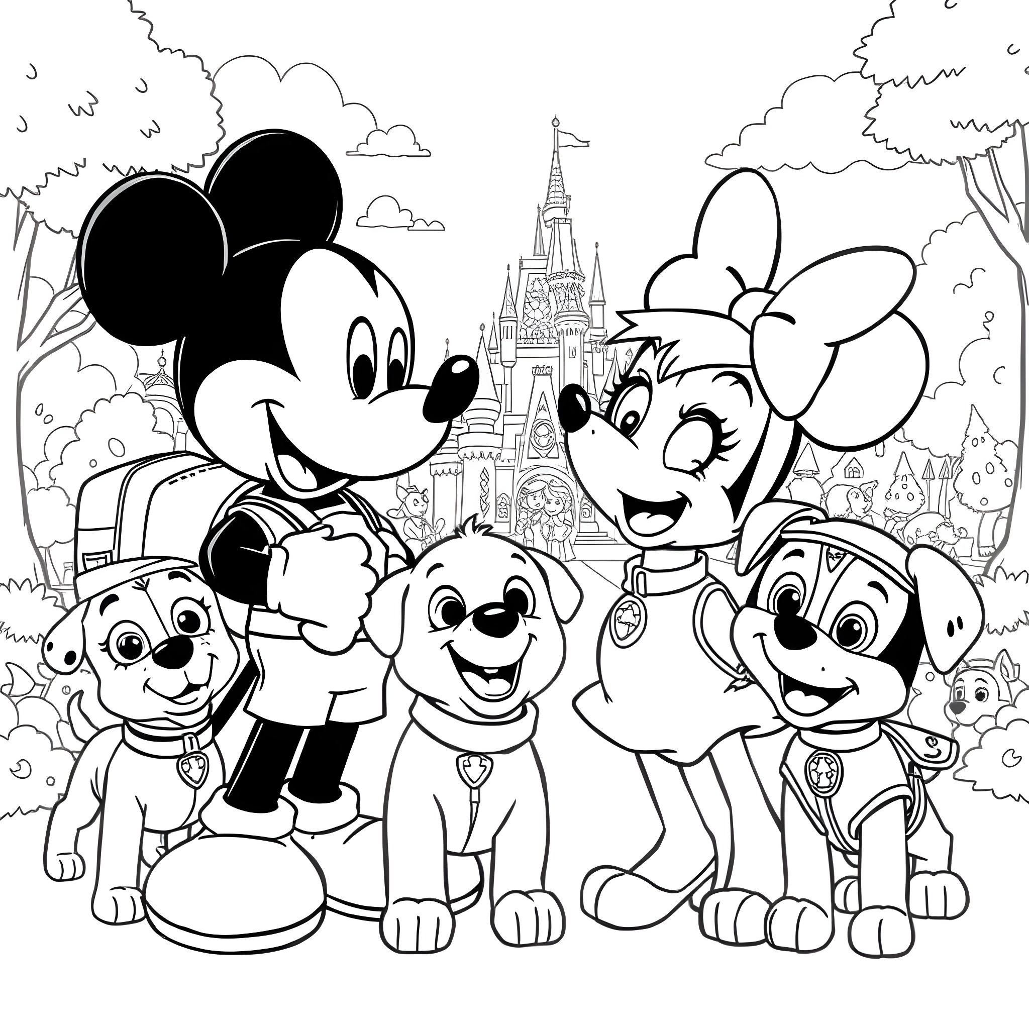 Mickey Mouse and friends explore Disney castle Coloring Page (free black-and-white line drawing printable PDF for all, from beginners to advanced learners, including children, teens, adults, and seniors)