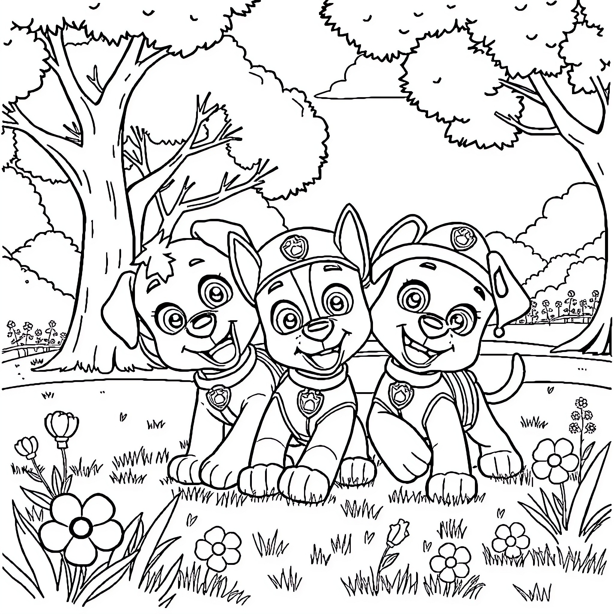 Puppy pals exploring the forest Coloring Page (free black-and-white line drawing printable PDF for all, from beginners to advanced learners, including children, teens, adults, and seniors)