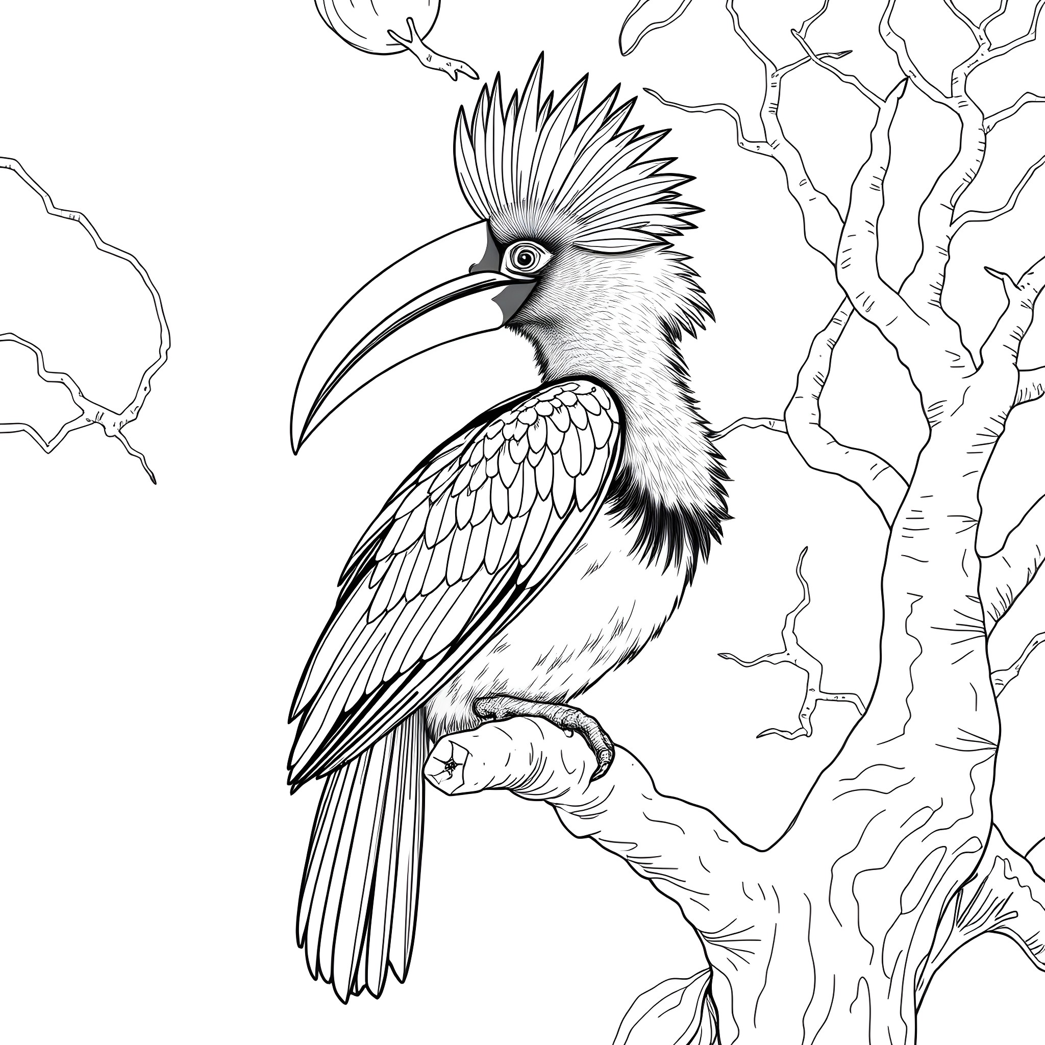 Hornbill perched amidst intricate branches Coloring Page (free black-and-white line drawing printable PDF for all, from beginners to advanced learners, including children, teens, adults, and seniors)