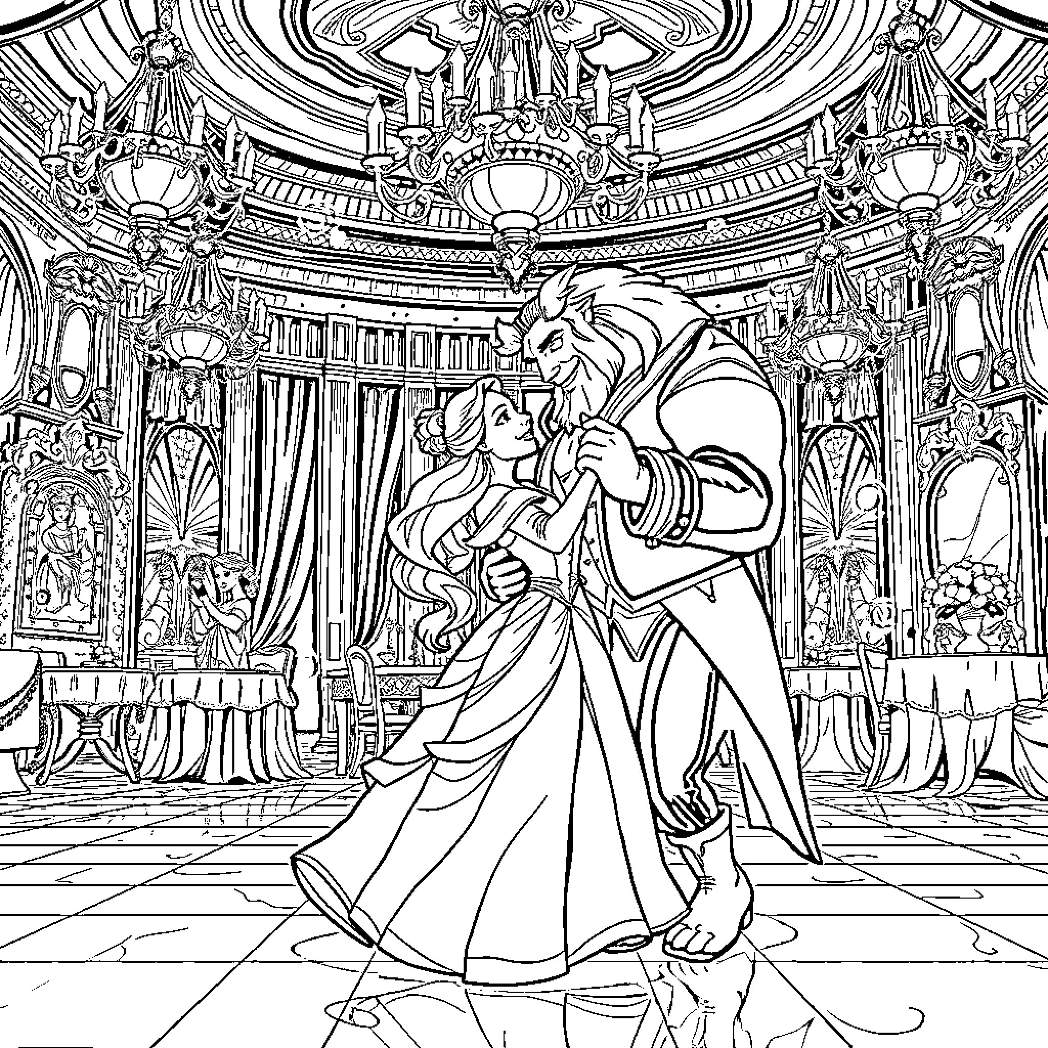 Beauty And The Beast Dancing In Enchanted Ballroom Coloring Page (free black-and-white line drawing printable PDF for all, from beginners to advanced learners, including children, teens, adults, and seniors)