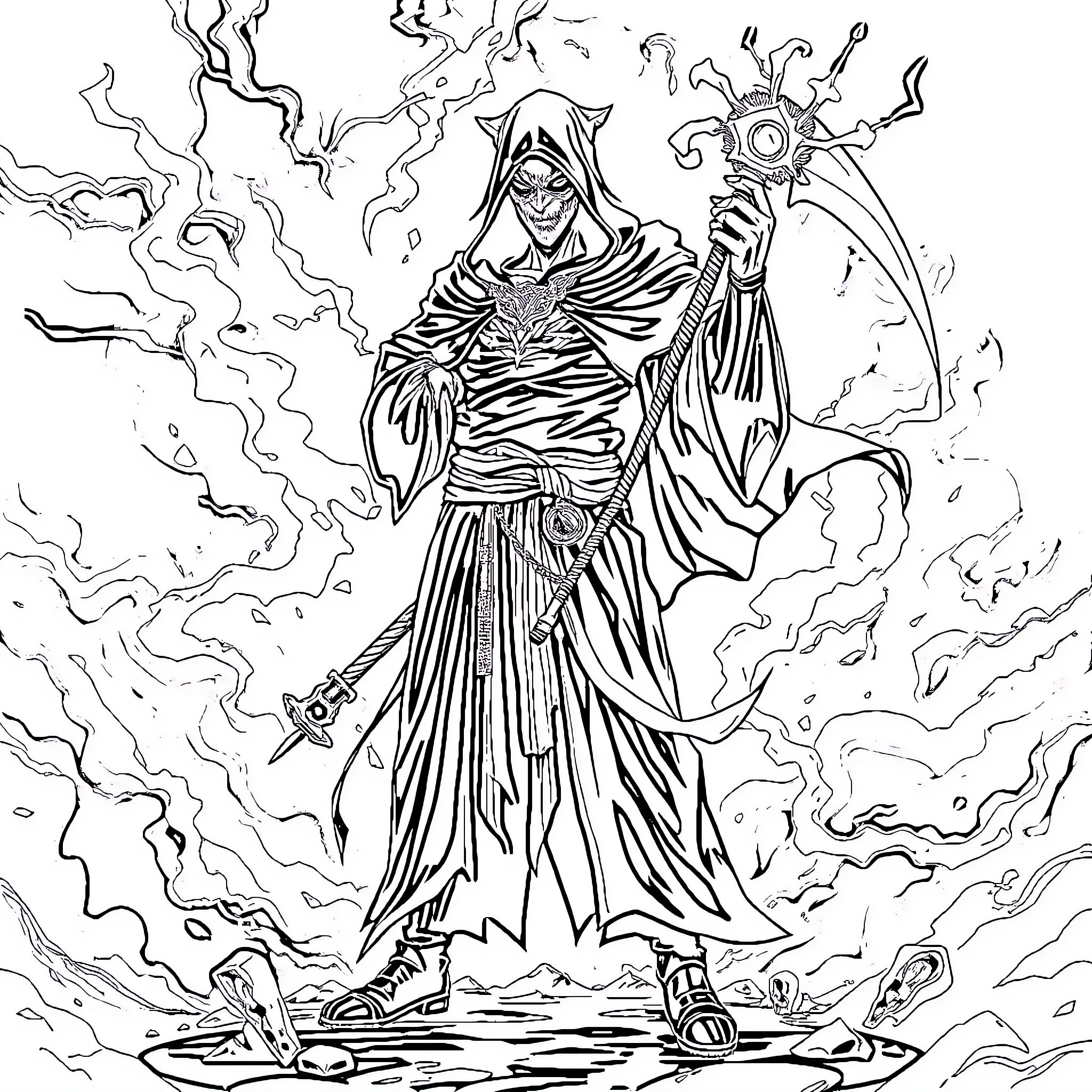 Riyo, the Mysterious Sorcerer's Enchanting Display Coloring Page (free black-and-white line drawing printable PDF for all, from beginners to advanced learners, including children, teens, adults, and seniors)