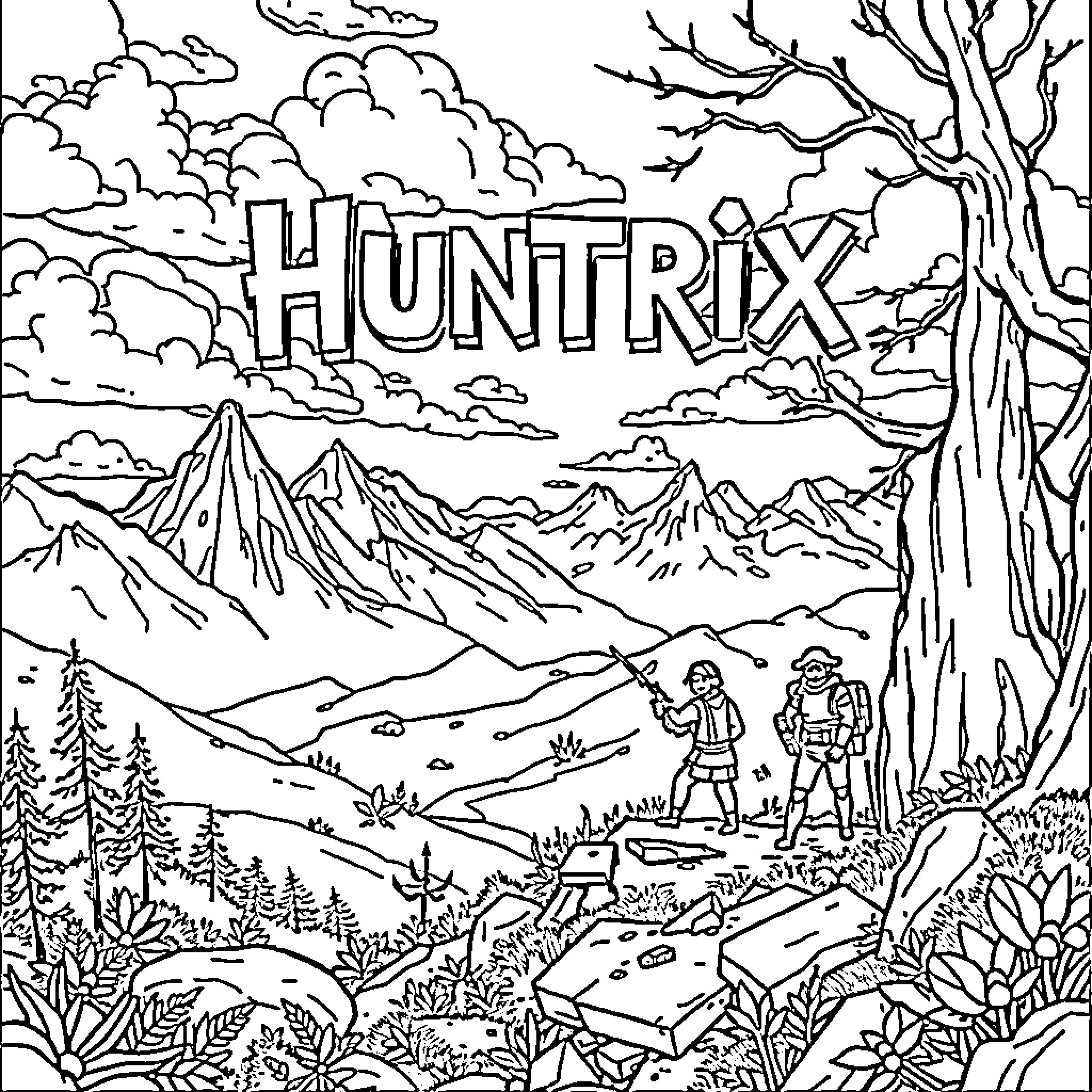 Huntrix Adventurers Exploring Mountainous Wilderness Coloring Page (free black-and-white line drawing printable PDF for all, from beginners to advanced learners, including children, teens, adults, and seniors)