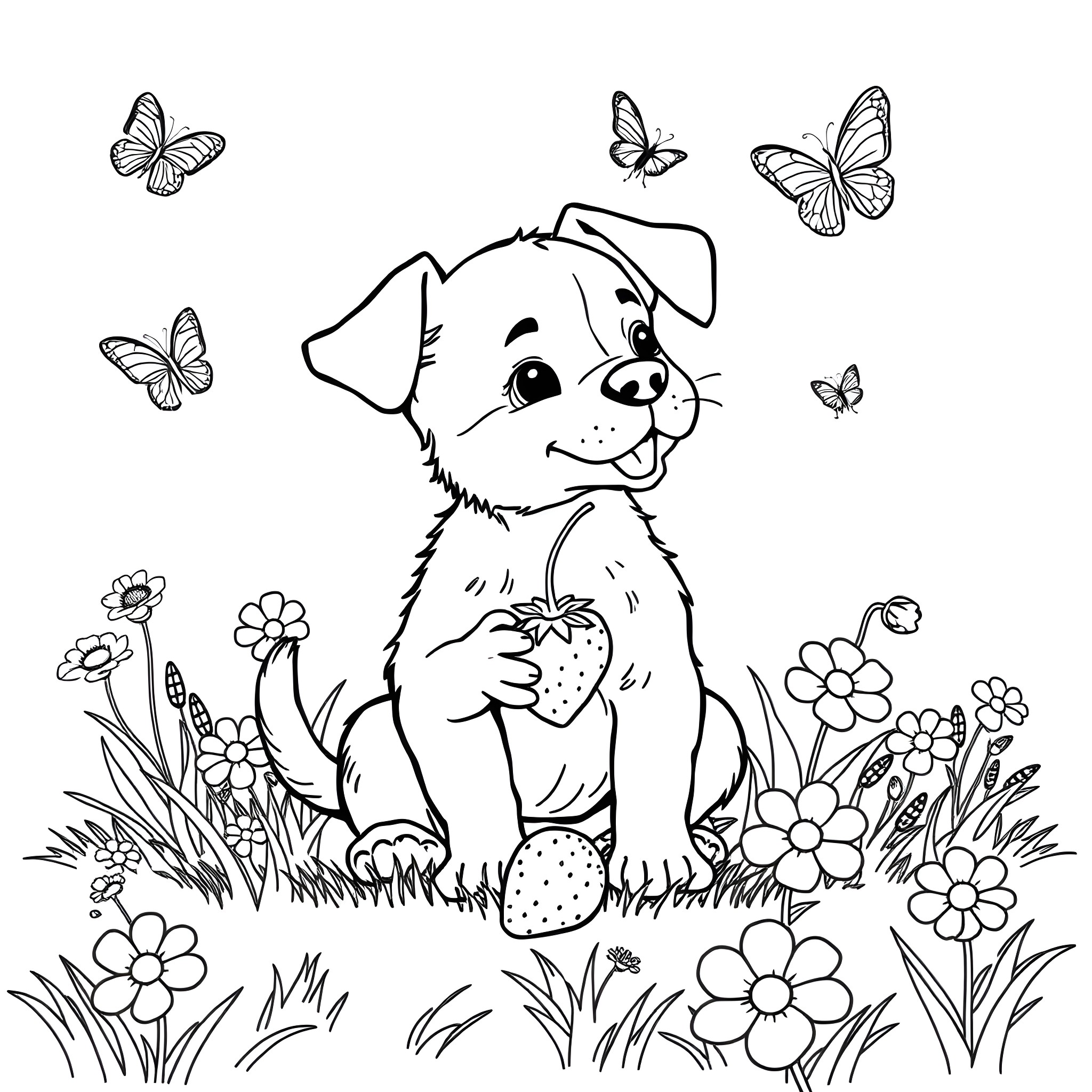 Dog surrounded by butterflies and flowers in nature Coloring Page (free black-and-white line drawing printable PDF for all, from beginners to advanced learners, including children, teens, adults, and seniors)