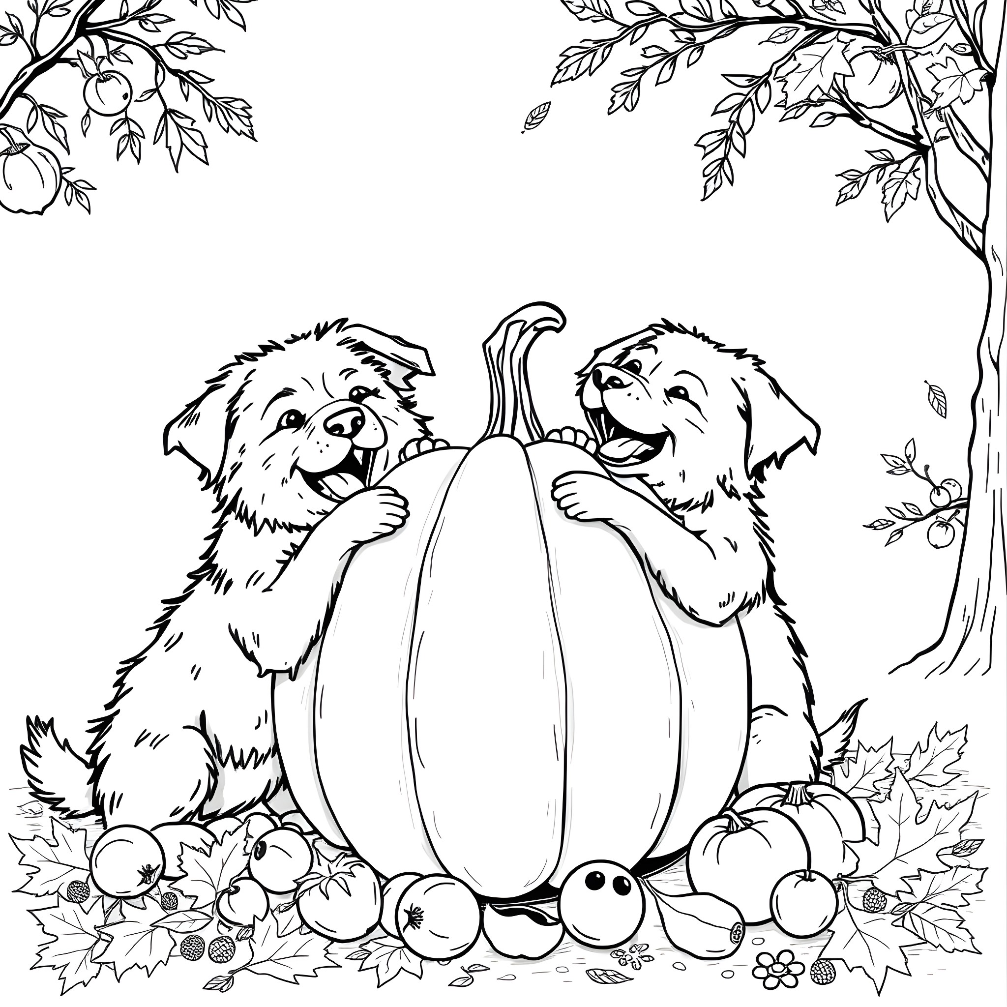 Dogs playing near pumpkin in autumn setting Coloring Page (free black-and-white line drawing printable PDF for all, from beginners to advanced learners, including children, teens, adults, and seniors)