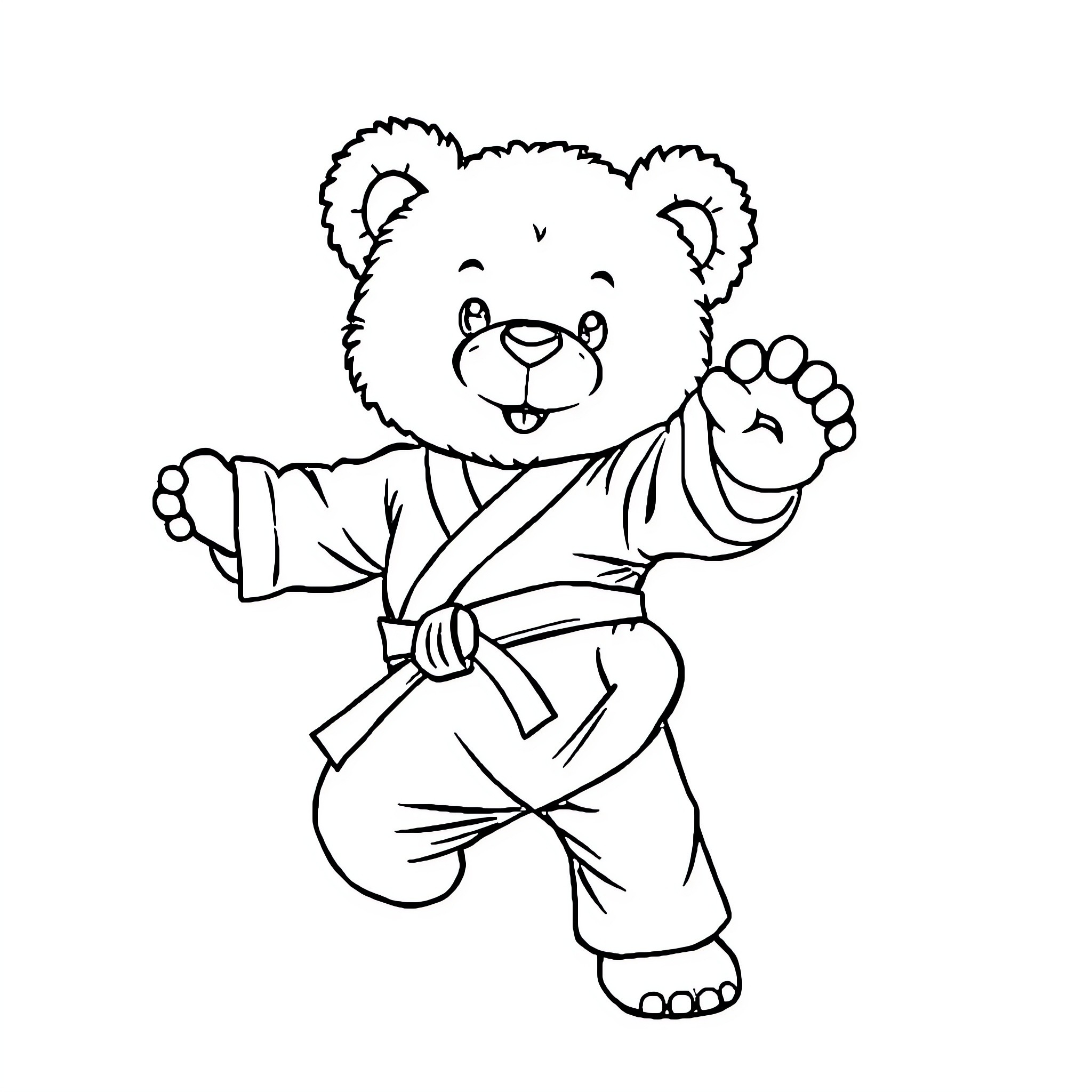 Teddy Bear Practicing Karate Poses Enthusiastically Coloring Page (free black-and-white line drawing printable PDF for all, from beginners to advanced learners, including children, teens, adults, and seniors)