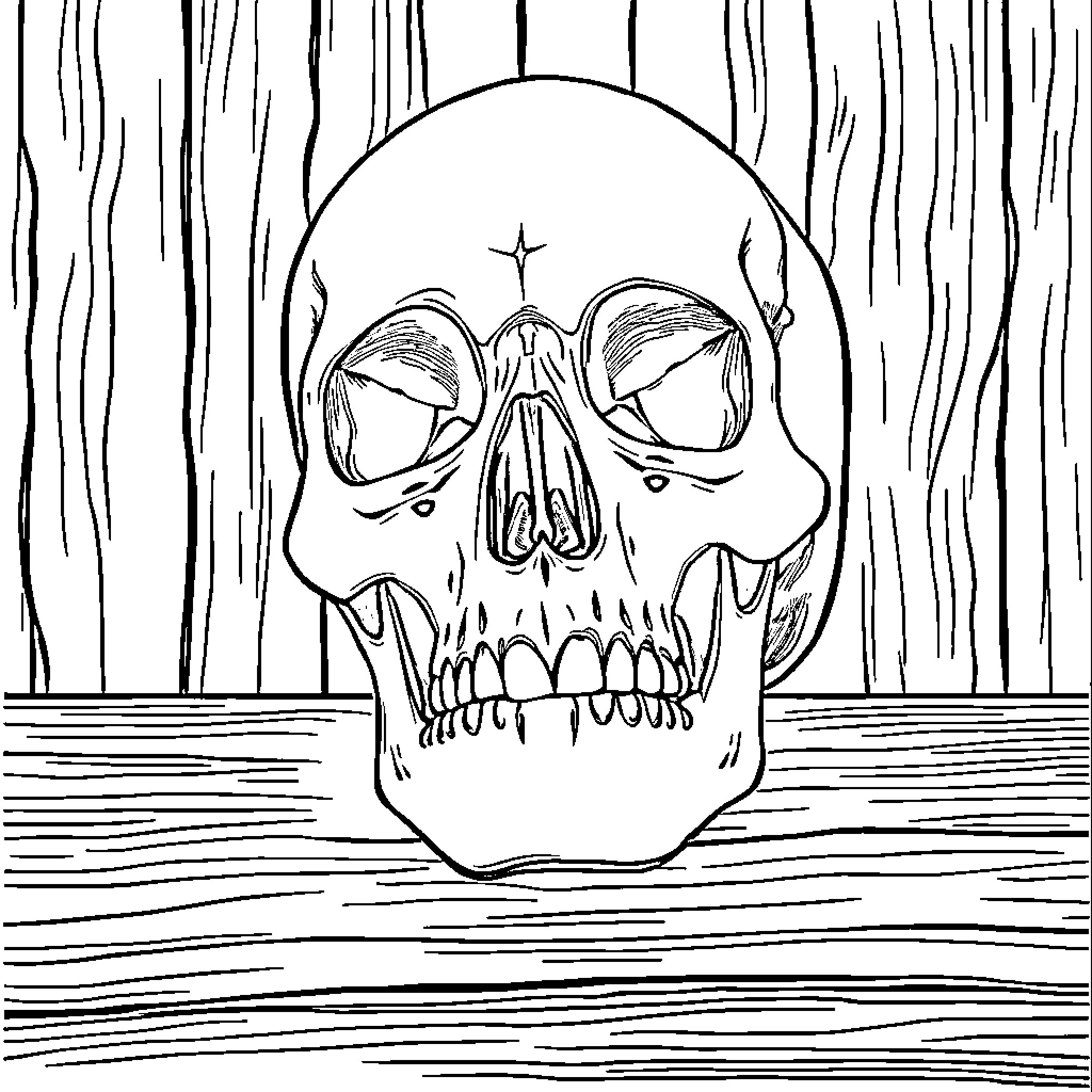 Skull in Haunting Monochrome Landscape Coloring Page (free black-and-white line drawing printable PDF for all, from beginners to advanced learners, including children, teens, adults, and seniors)