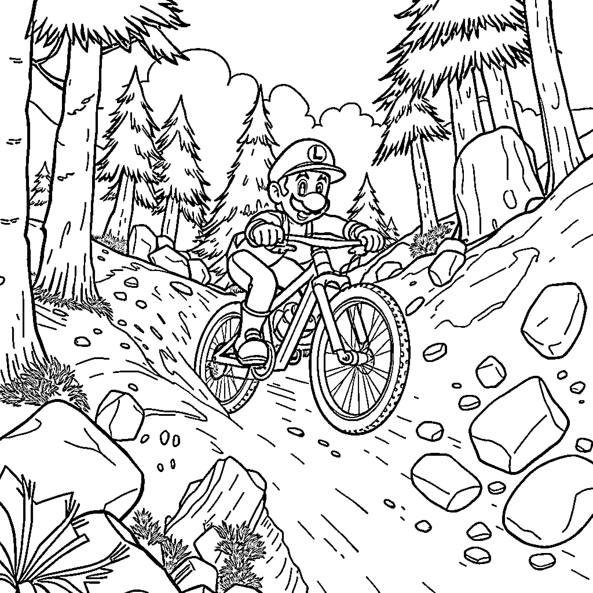 Luigi's Bicycle Adventure in the Forest Coloring Page (free black-and-white line drawing printable PDF for all, from beginners to advanced learners, including children, teens, adults, and seniors)
