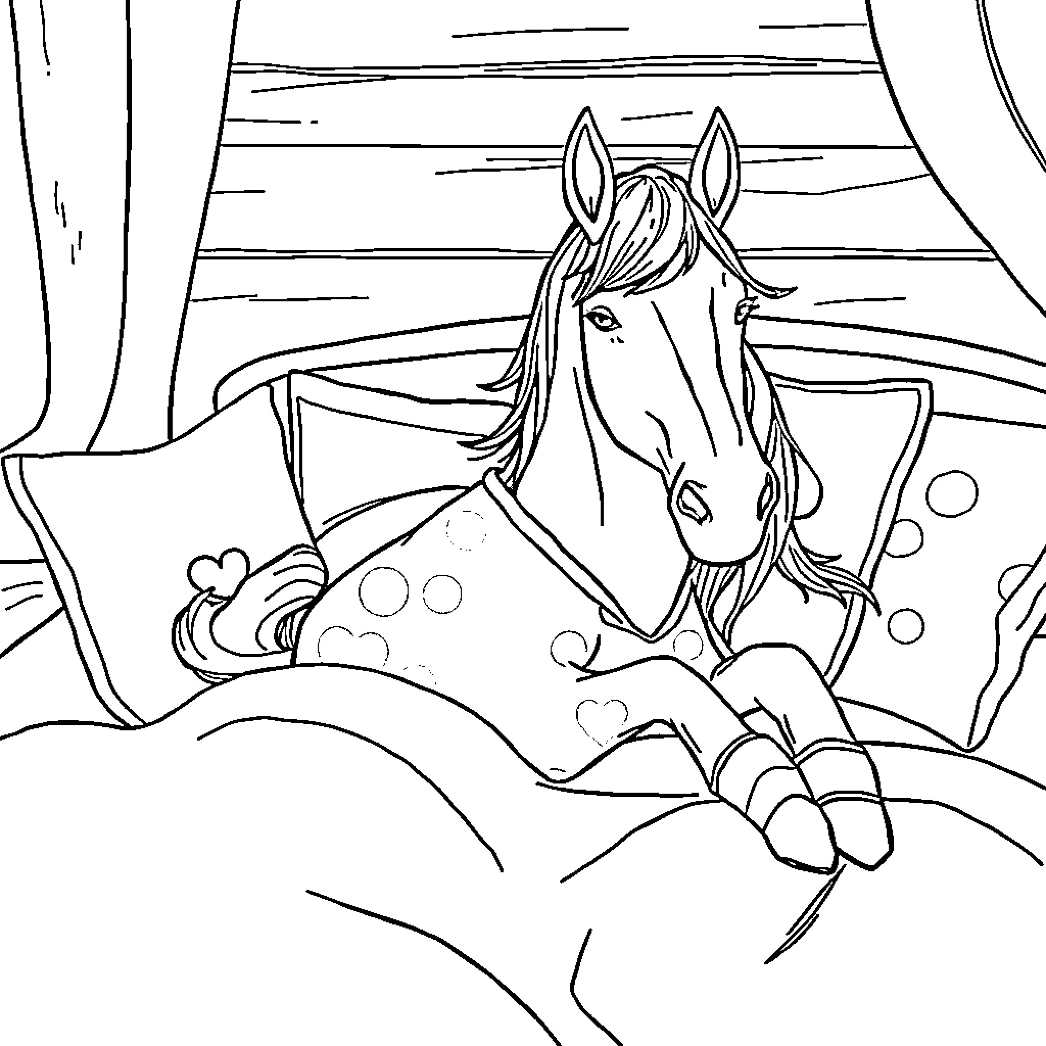 Horse enjoying a relaxing bath Coloring Page (free black-and-white line drawing printable PDF for all, from beginners to advanced learners, including children, teens, adults, and seniors)