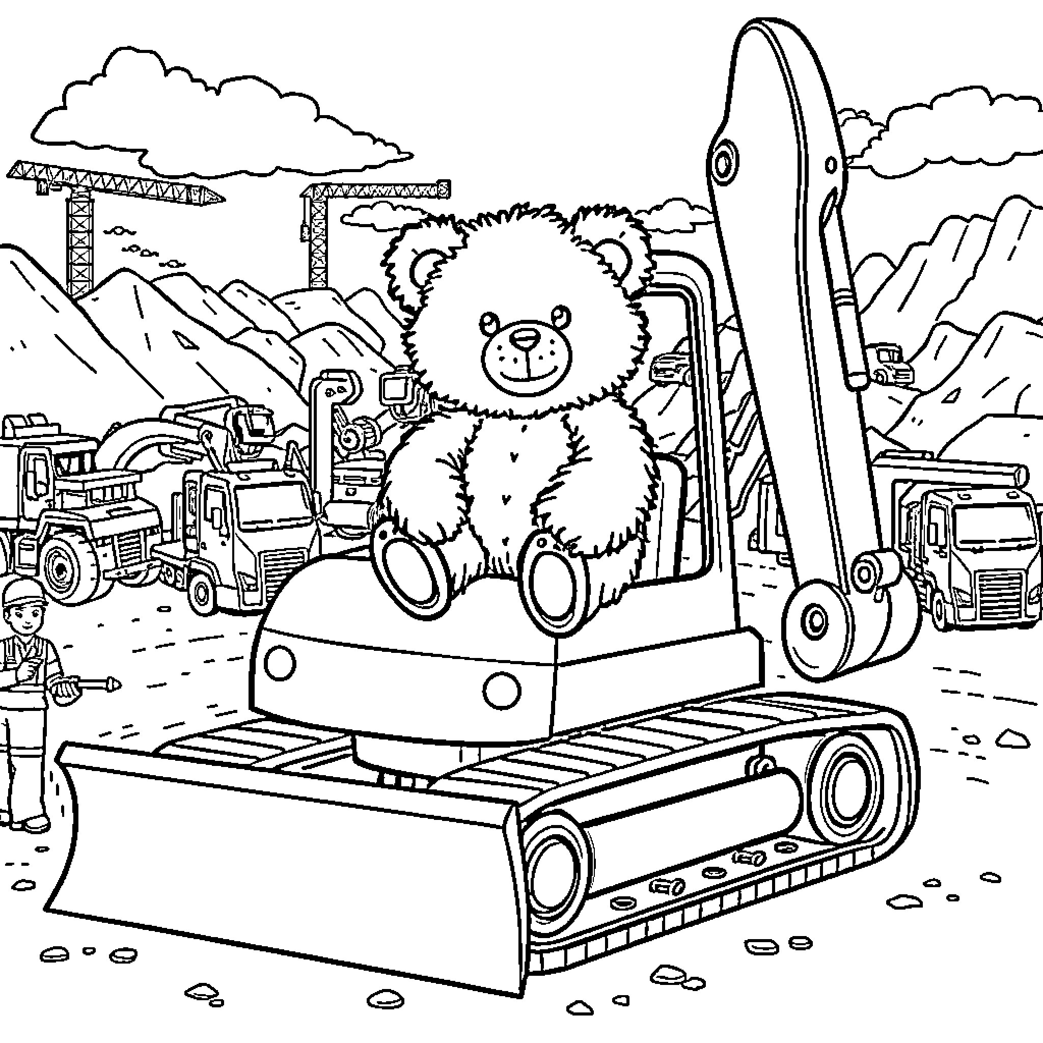 Teddy Bear Operating Construction Equipment Coloring Page (free black-and-white line drawing printable PDF for all, from beginners to advanced learners, including children, teens, adults, and seniors)