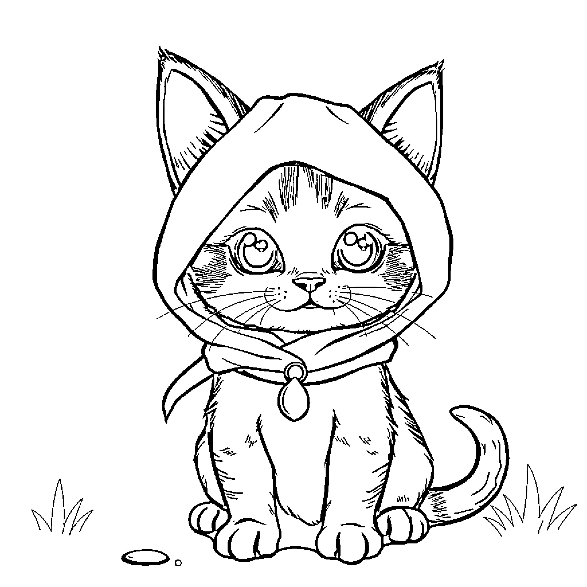 Cat in cozy hooded outfit Coloring Page (free black-and-white line drawing printable PDF for all, from beginners to advanced learners, including children, teens, adults, and seniors)