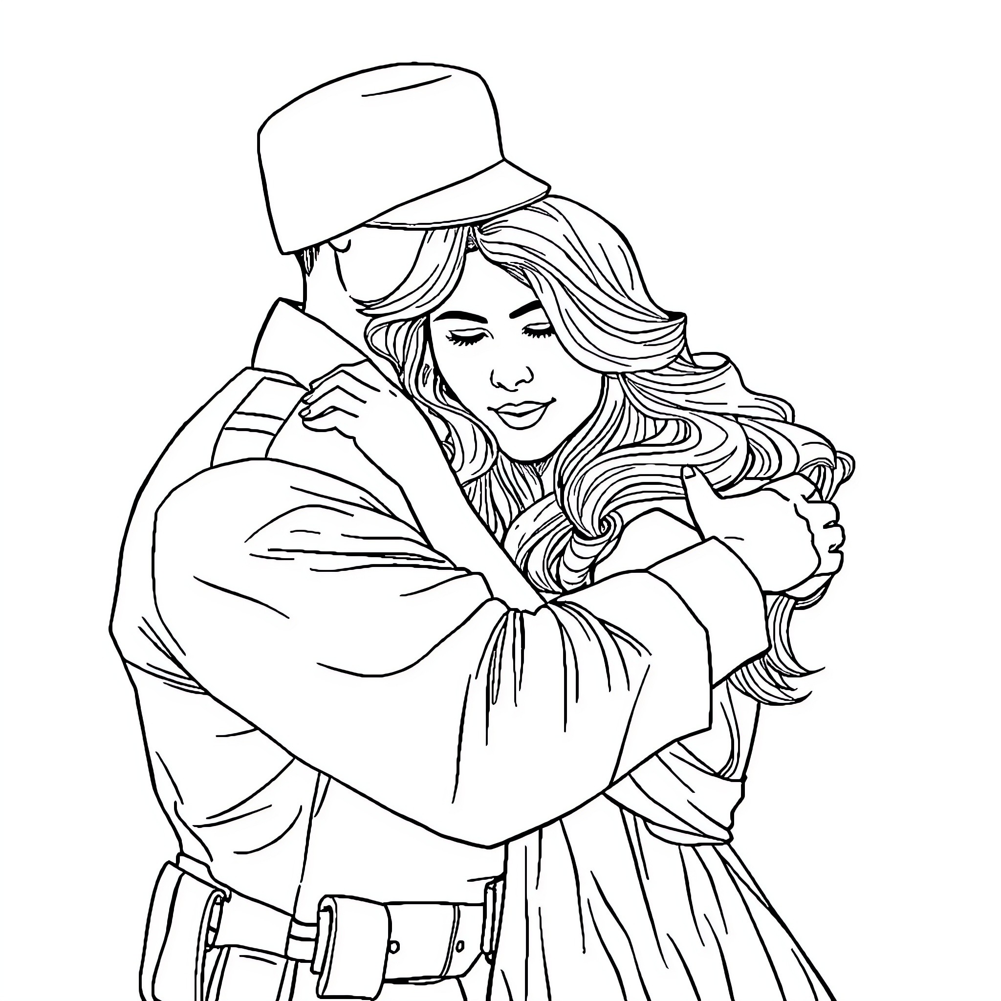 Soldier embracing loved one with affection Coloring Page (free black-and-white line drawing printable PDF for all, from beginners to advanced learners, including children, teens, adults, and seniors)