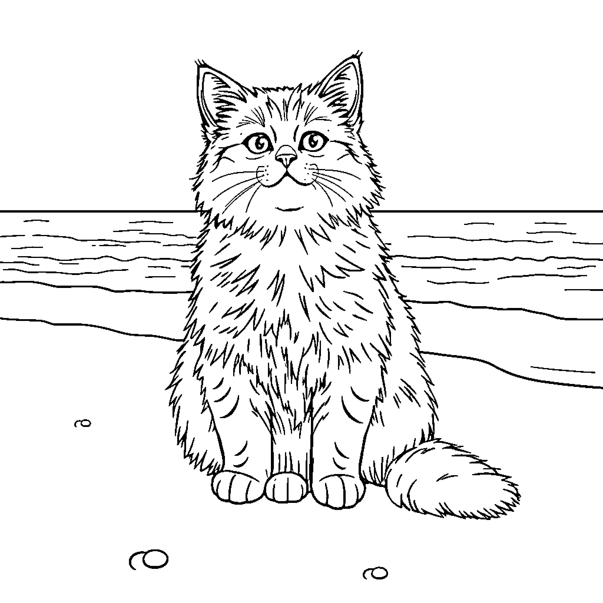 Cat sitting by the beach Coloring Page (free black-and-white line drawing printable PDF for all, from beginners to advanced learners, including children, teens, adults, and seniors)