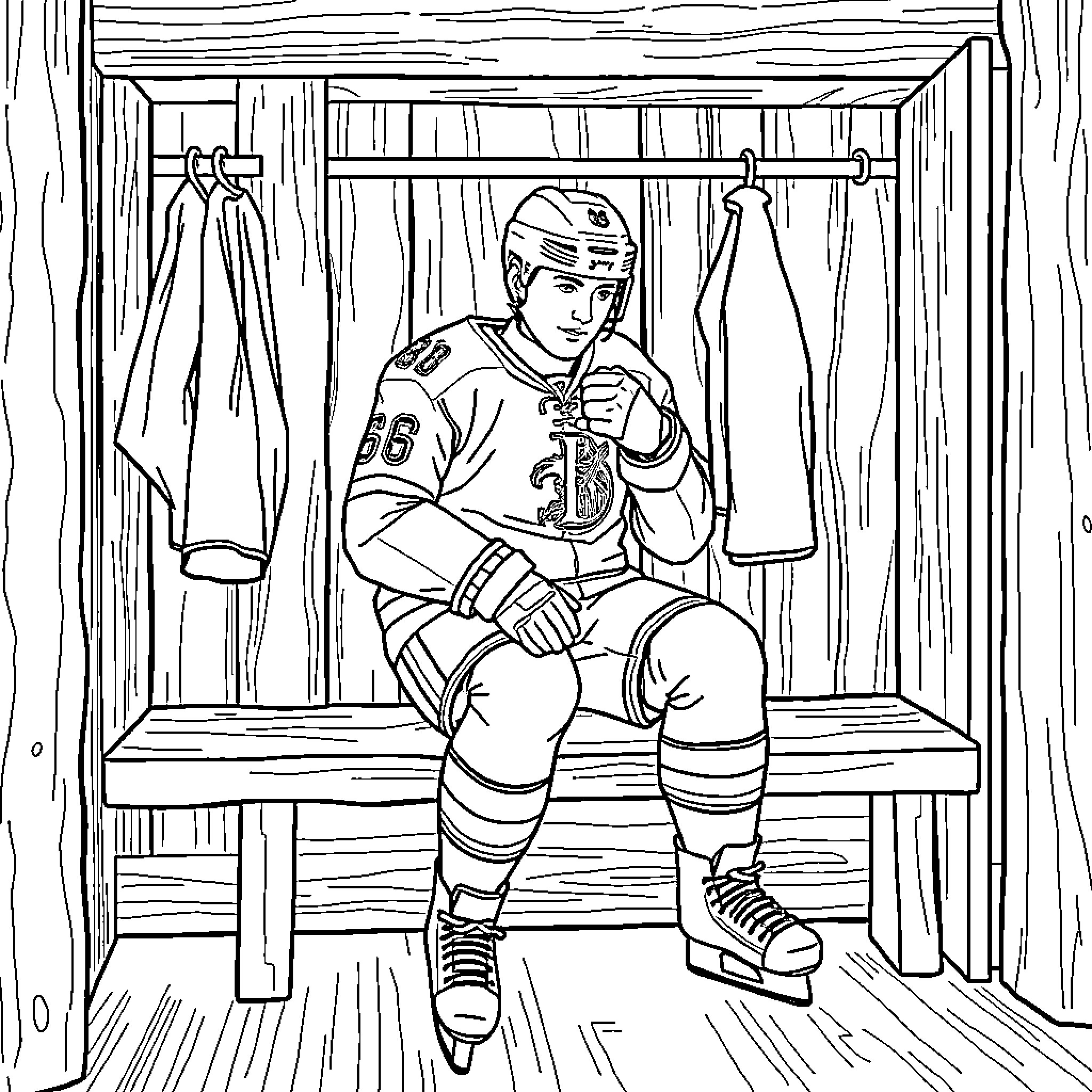 Eishockeyspieler in der Umkleidekabine Coloring Page (free black-and-white line drawing printable PDF for all, from beginners to advanced learners, including children, teens, adults, and seniors)