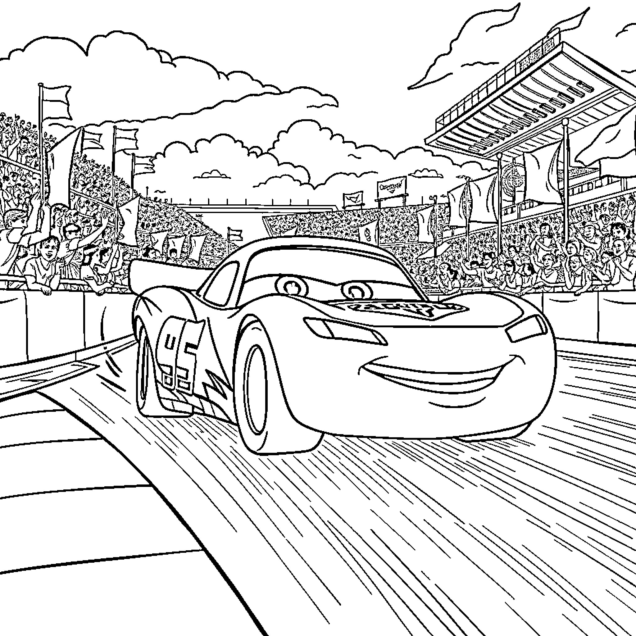 Lightning McQueen racing on the track with fans cheering Coloring Page (free black-and-white line drawing printable PDF for all, from beginners to advanced learners, including children, teens, adults, and seniors)