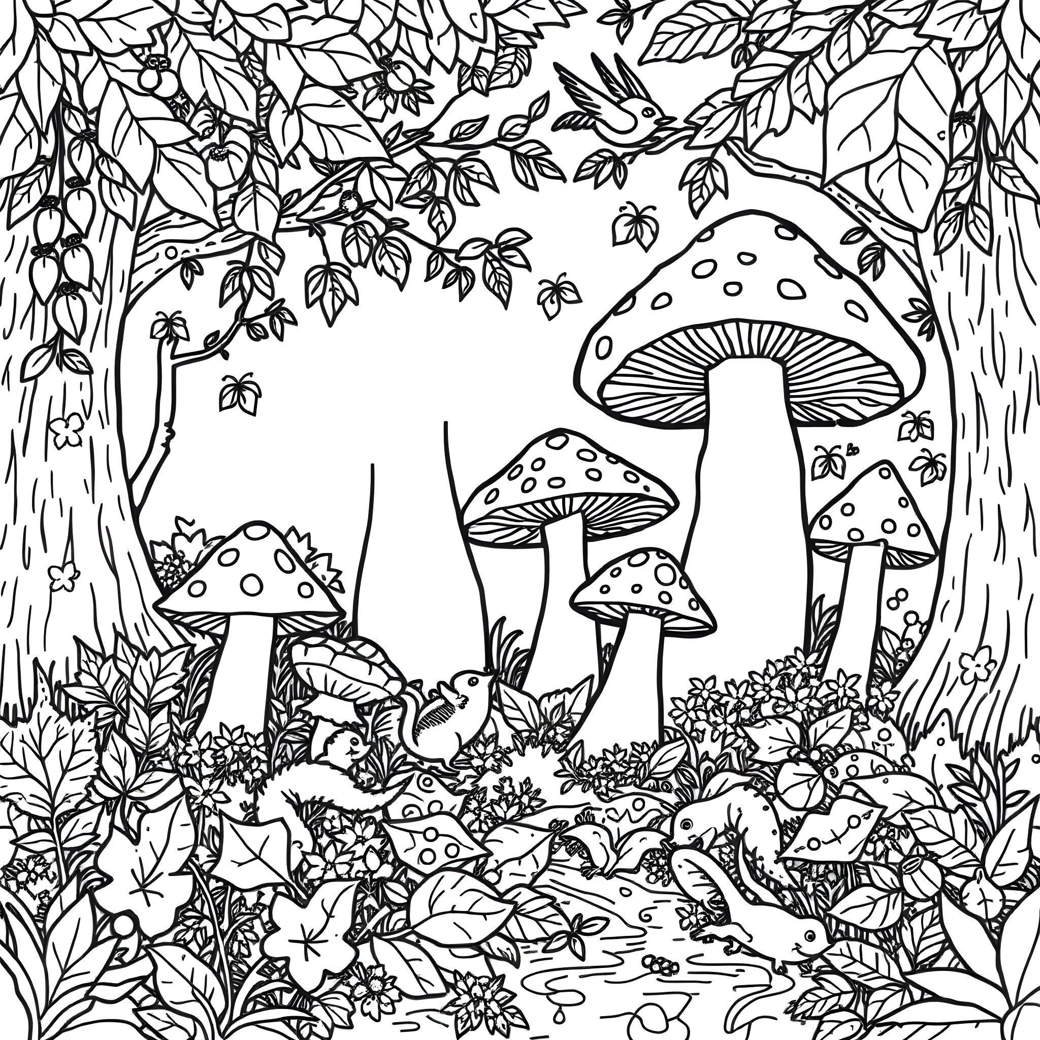 Mushroom Forest Wonderland Coloring Page (free black-and-white line drawing printable PDF for all, from beginners to advanced learners, including children, teens, adults, and seniors)