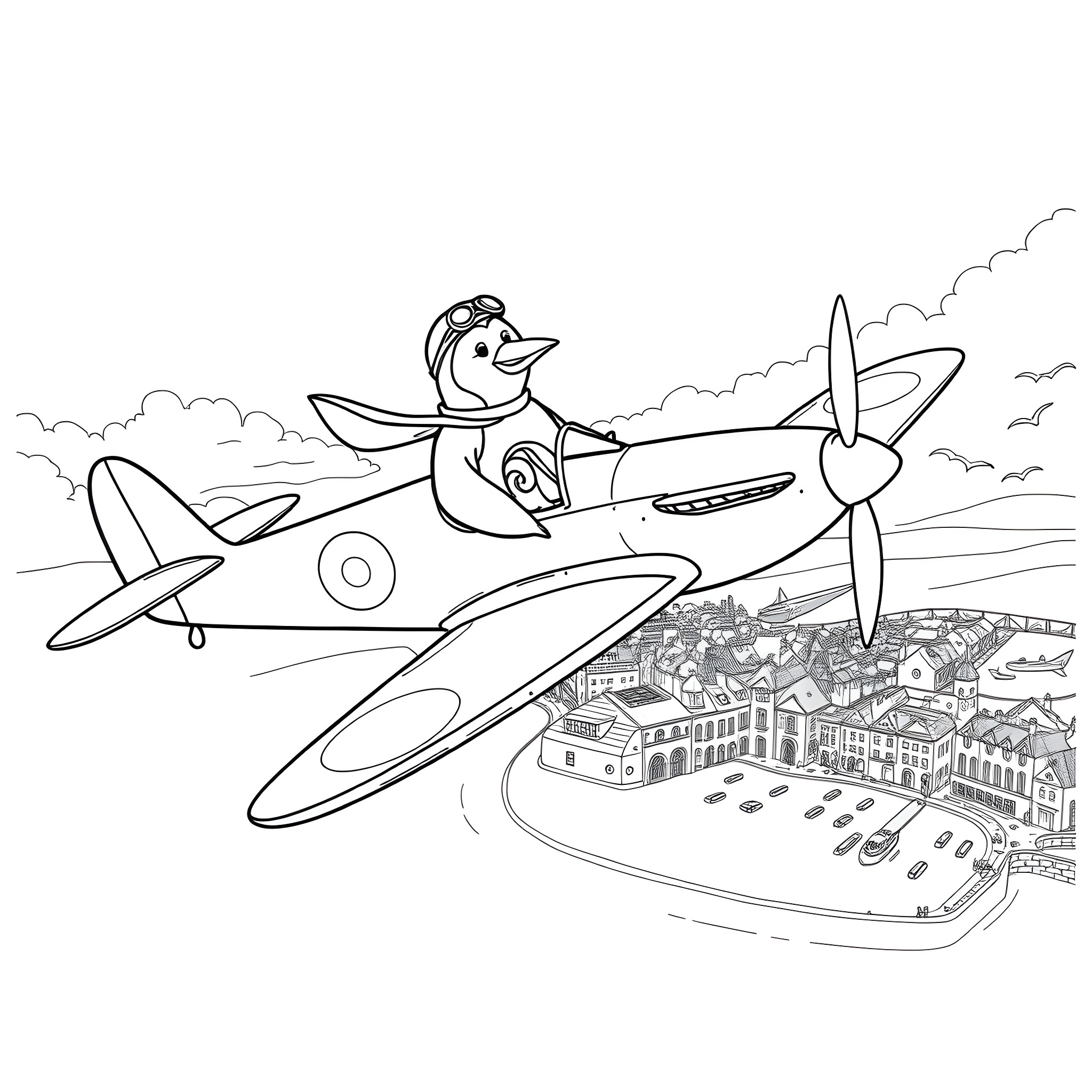 Penguin flying an aircraft over the city Coloring Page (free black-and-white line drawing printable PDF for all, from beginners to advanced learners, including children, teens, adults, and seniors)