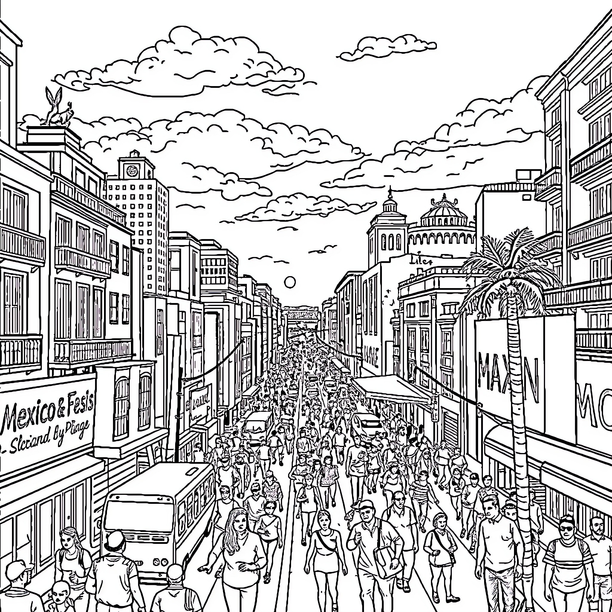 Mexico City bustling with crowded street scene Coloring Page (free black-and-white line drawing printable PDF for all, from beginners to advanced learners, including children, teens, adults, and seniors)