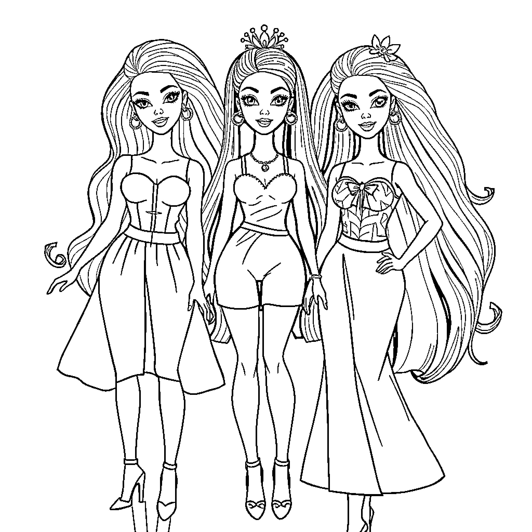 Barbie Dolls Posing in Fashionable Outfits Coloring Page (free black-and-white line drawing printable PDF for all, from beginners to advanced learners, including children, teens, adults, and seniors)