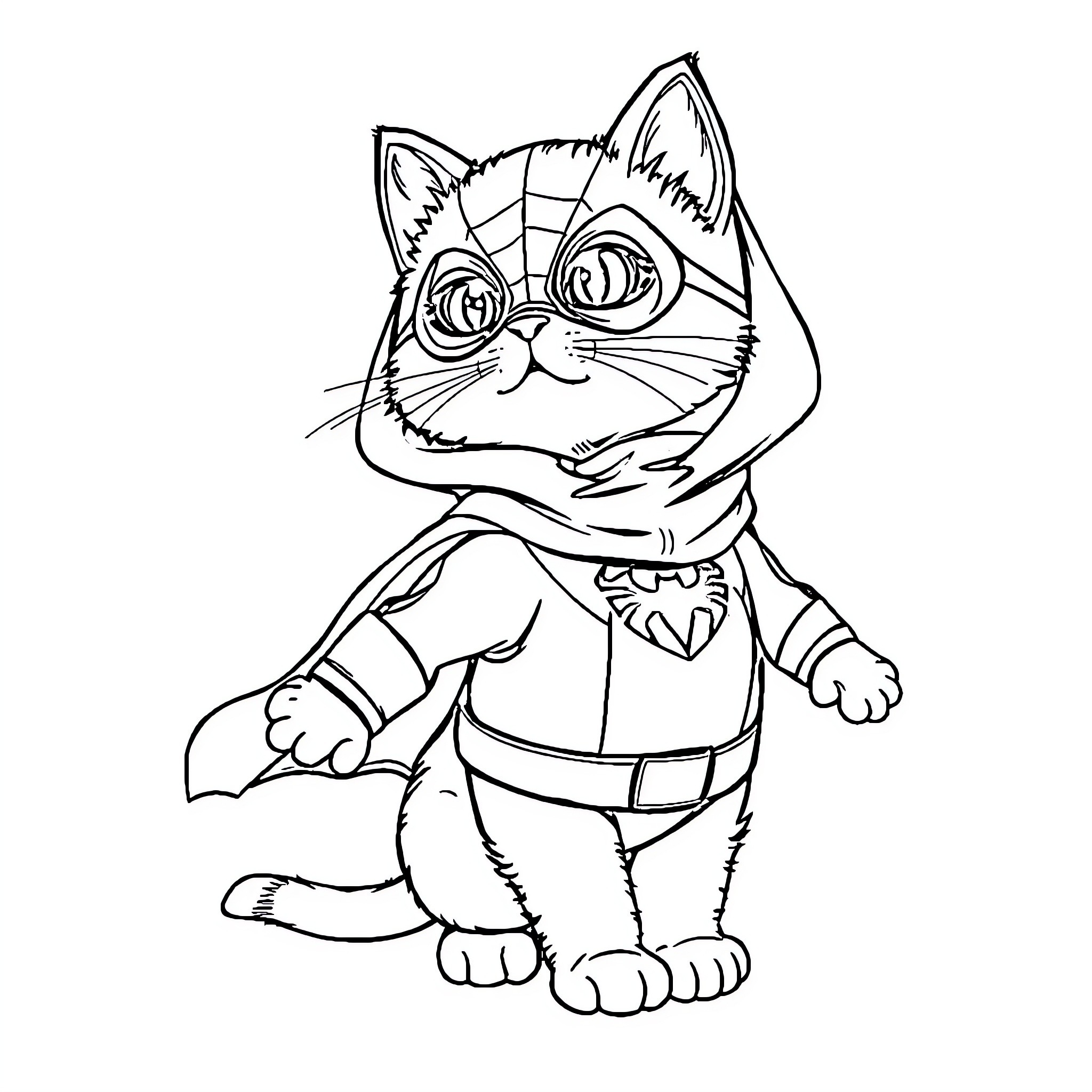 Cat superhero in costume Coloring Page (free black-and-white line drawing printable PDF for all, from beginners to advanced learners, including children, teens, adults, and seniors)
