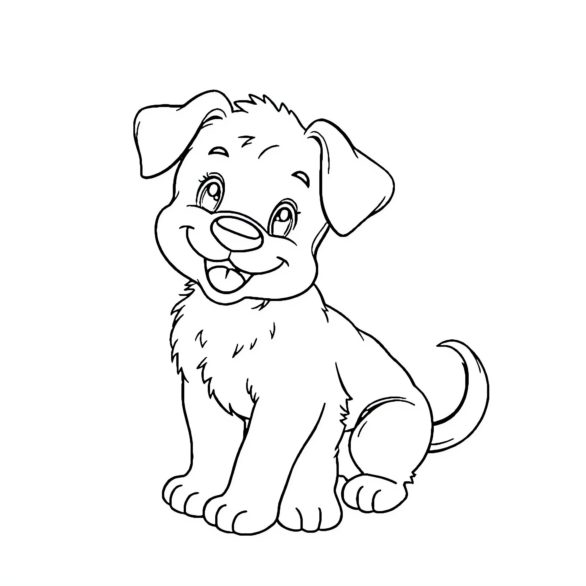 Puppy sitting and smiling happily Coloring Page (free black-and-white line drawing printable PDF for all, from beginners to advanced learners, including children, teens, adults, and seniors)