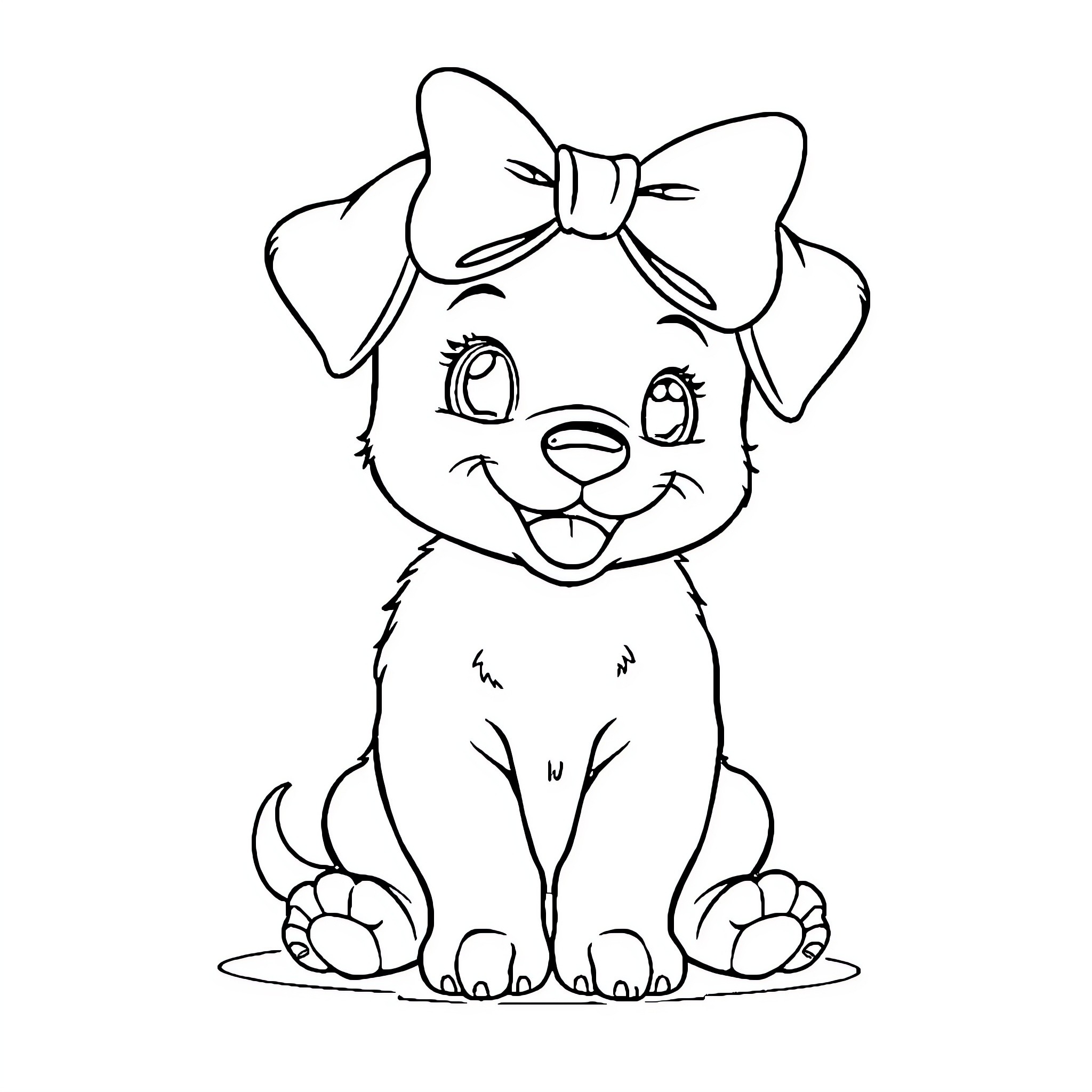 Puppy wearing a bow and sitting happily Coloring Page (free black-and-white line drawing printable PDF for all, from beginners to advanced learners, including children, teens, adults, and seniors)