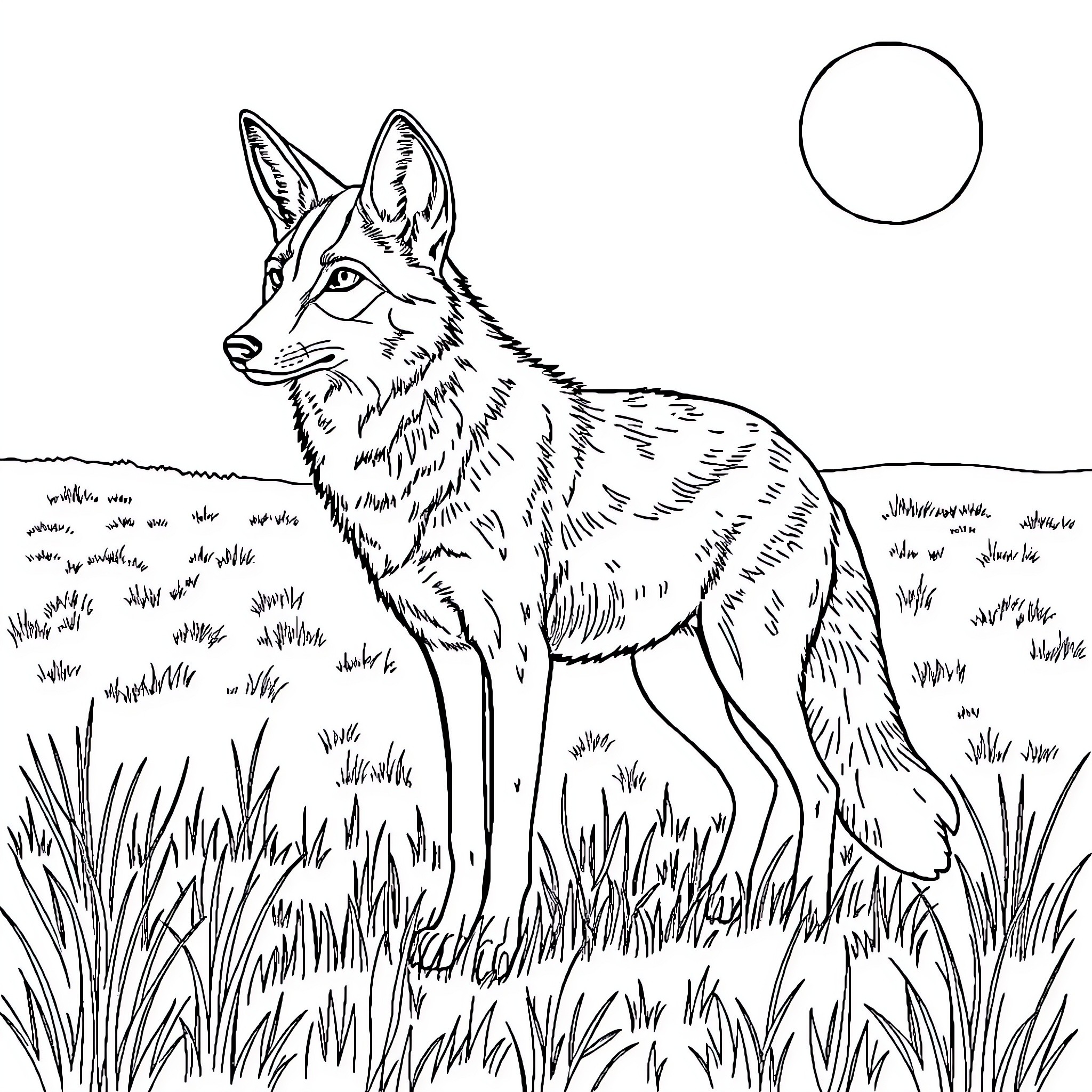 Coyote standing alert in natural grassland setting Coloring Page (free black-and-white line drawing printable PDF for all, from beginners to advanced learners, including children, teens, adults, and seniors)