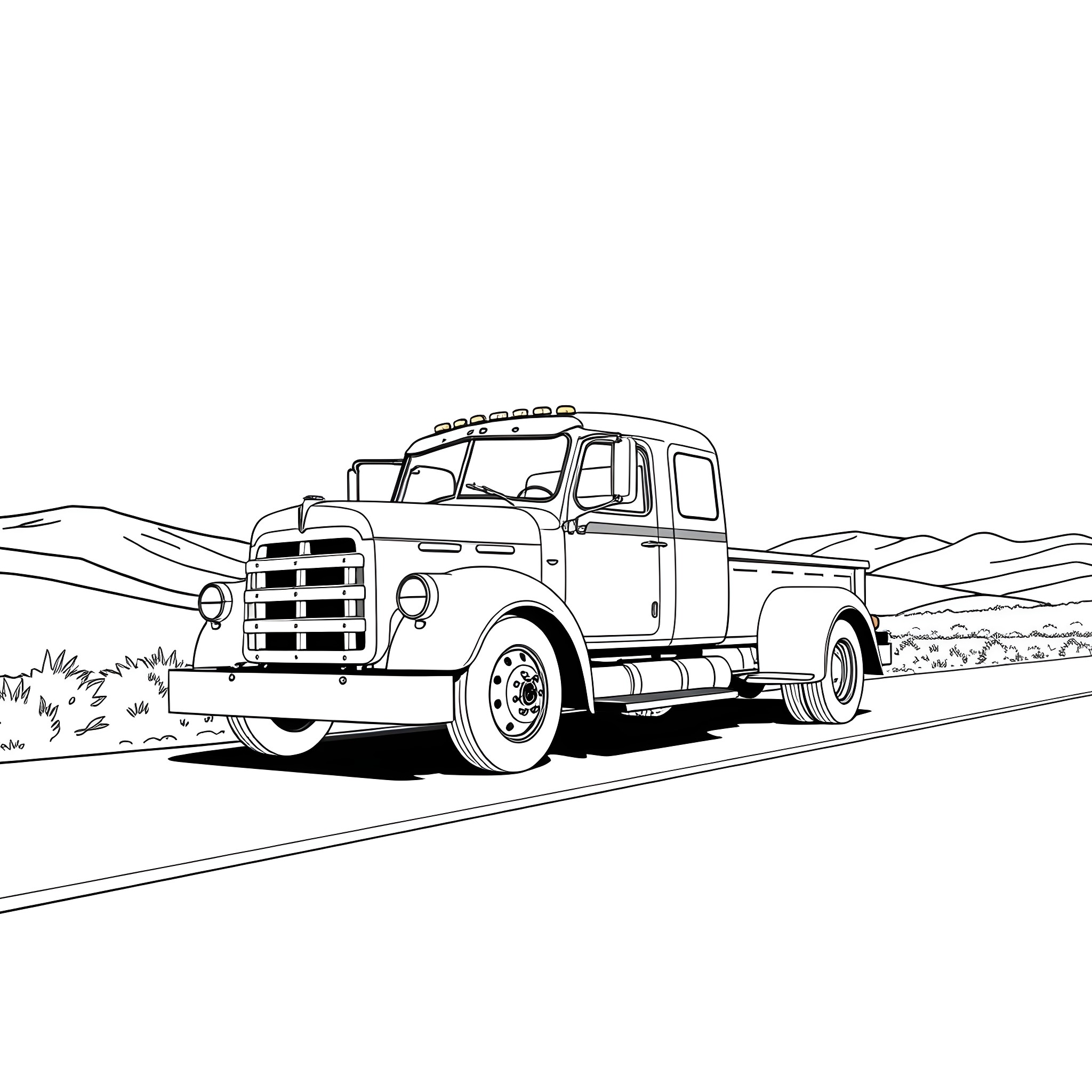 Truck traveling on rural road in landscape Coloring Page (free black-and-white line drawing printable PDF for all, from beginners to advanced learners, including children, teens, adults, and seniors)