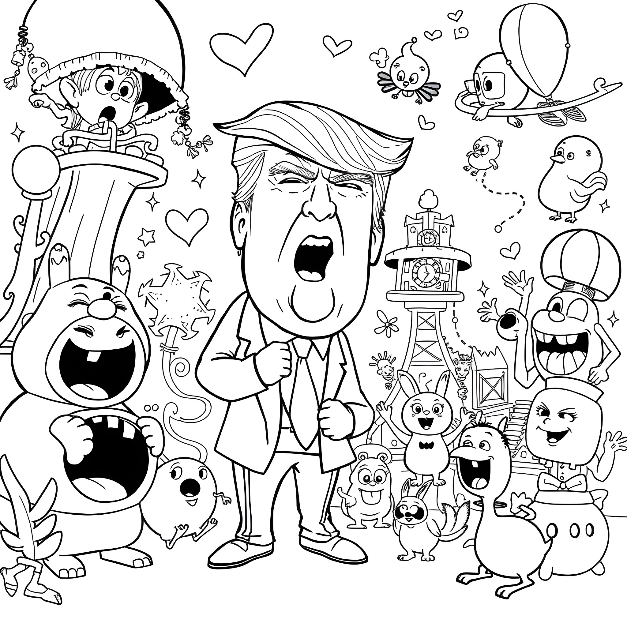 Donald Trump's Chaotic Adventures with Quirky Creatures Coloring Page (free black-and-white line drawing printable PDF for all, from beginners to advanced learners, including children, teens, adults, and seniors)