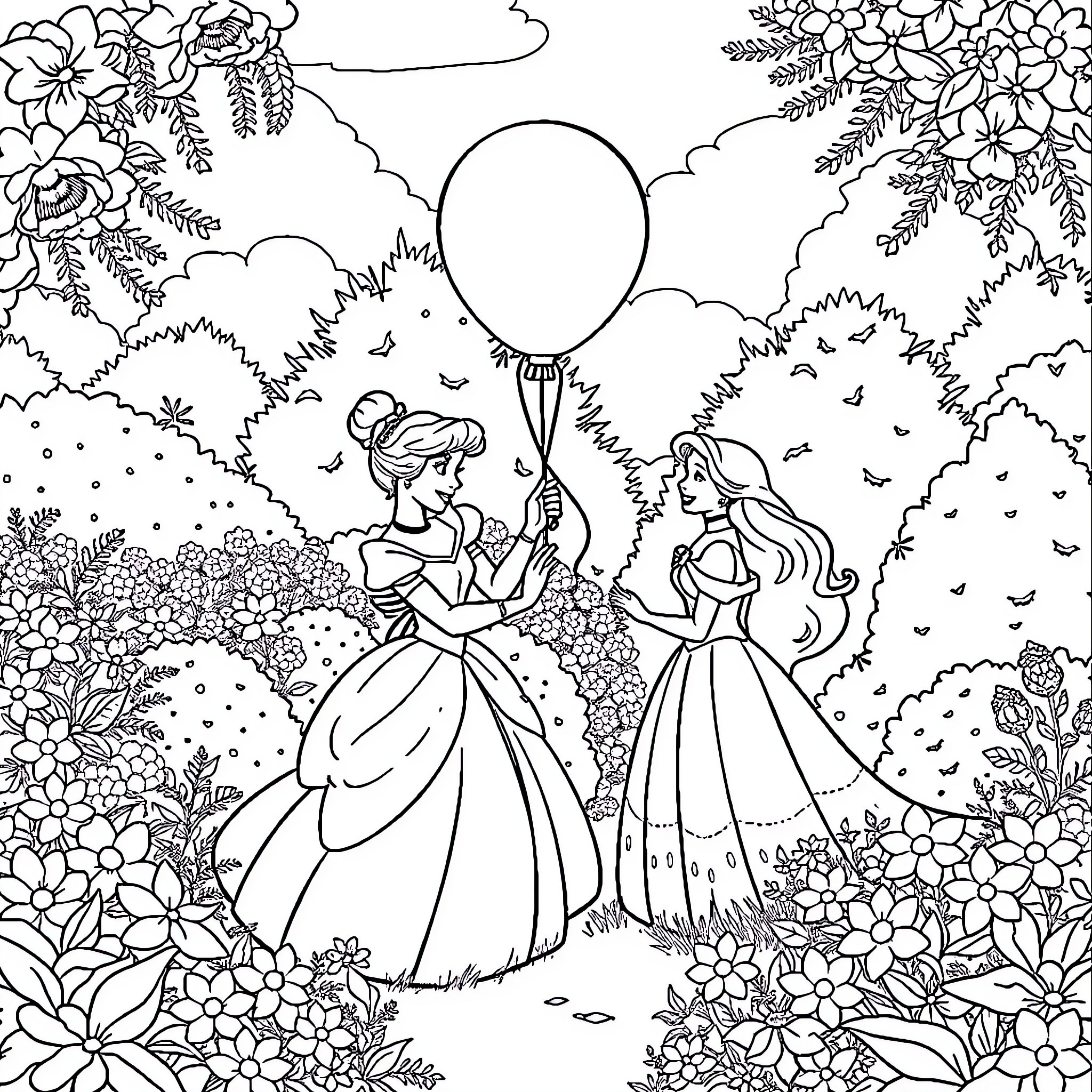 Cinderella's Enchanting Fairytale Garden Coloring Page (free black-and-white line drawing printable PDF for all, from beginners to advanced learners, including children, teens, adults, and seniors)