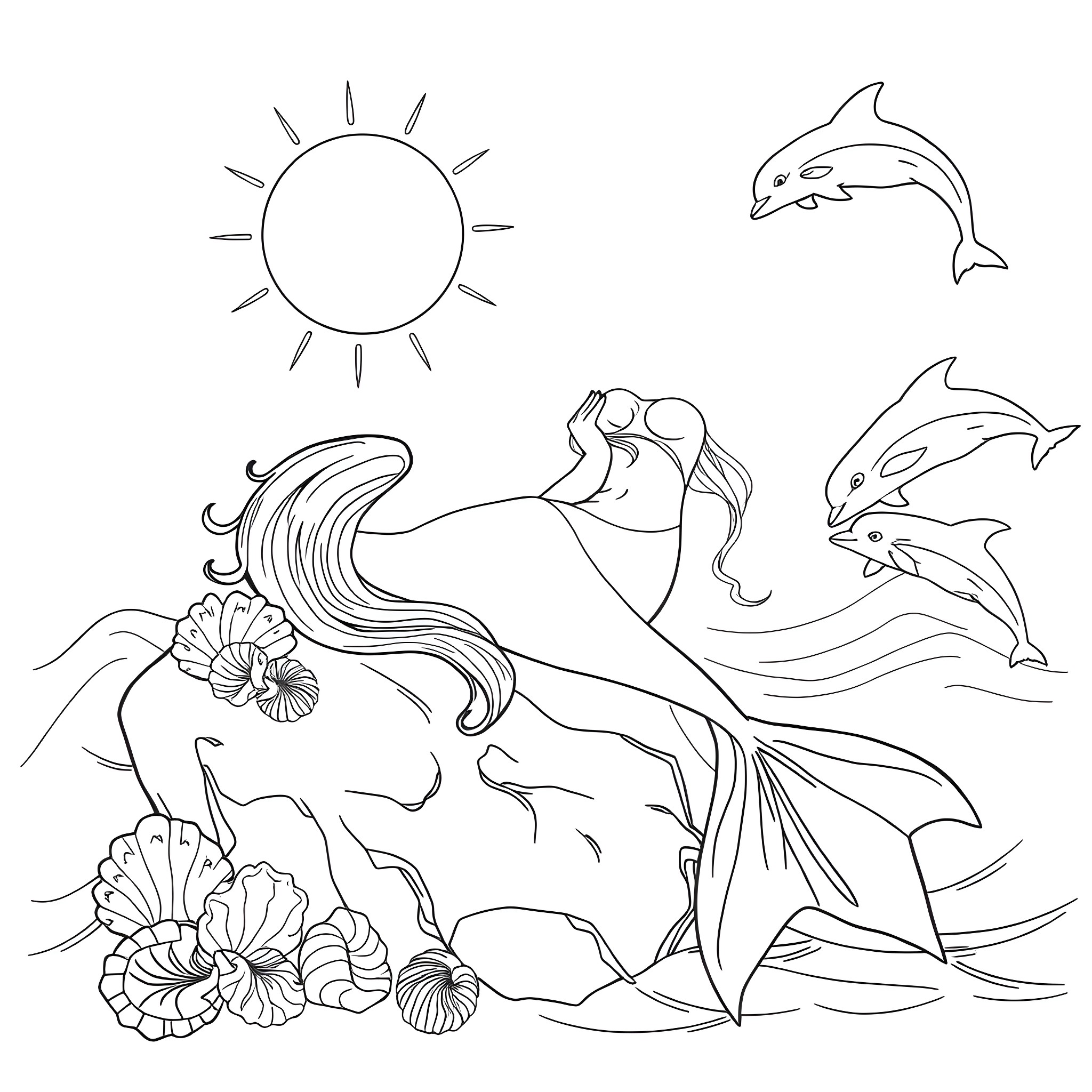 Mermaid swimming with dolphins and seashells Coloring Page (free black-and-white line drawing printable PDF for all, from beginners to advanced learners, including children, teens, adults, and seniors)