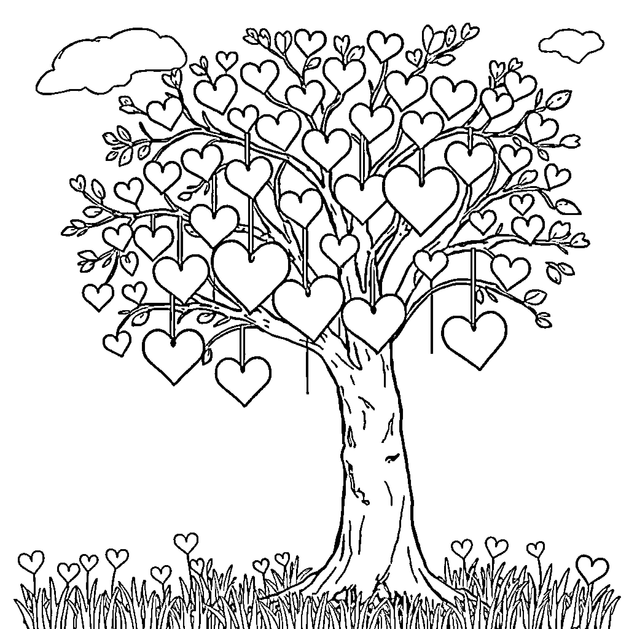 Tree of Hearts in a Peaceful Landscape Coloring Page (free black-and-white line drawing printable PDF for all, from beginners to advanced learners, including children, teens, adults, and seniors)