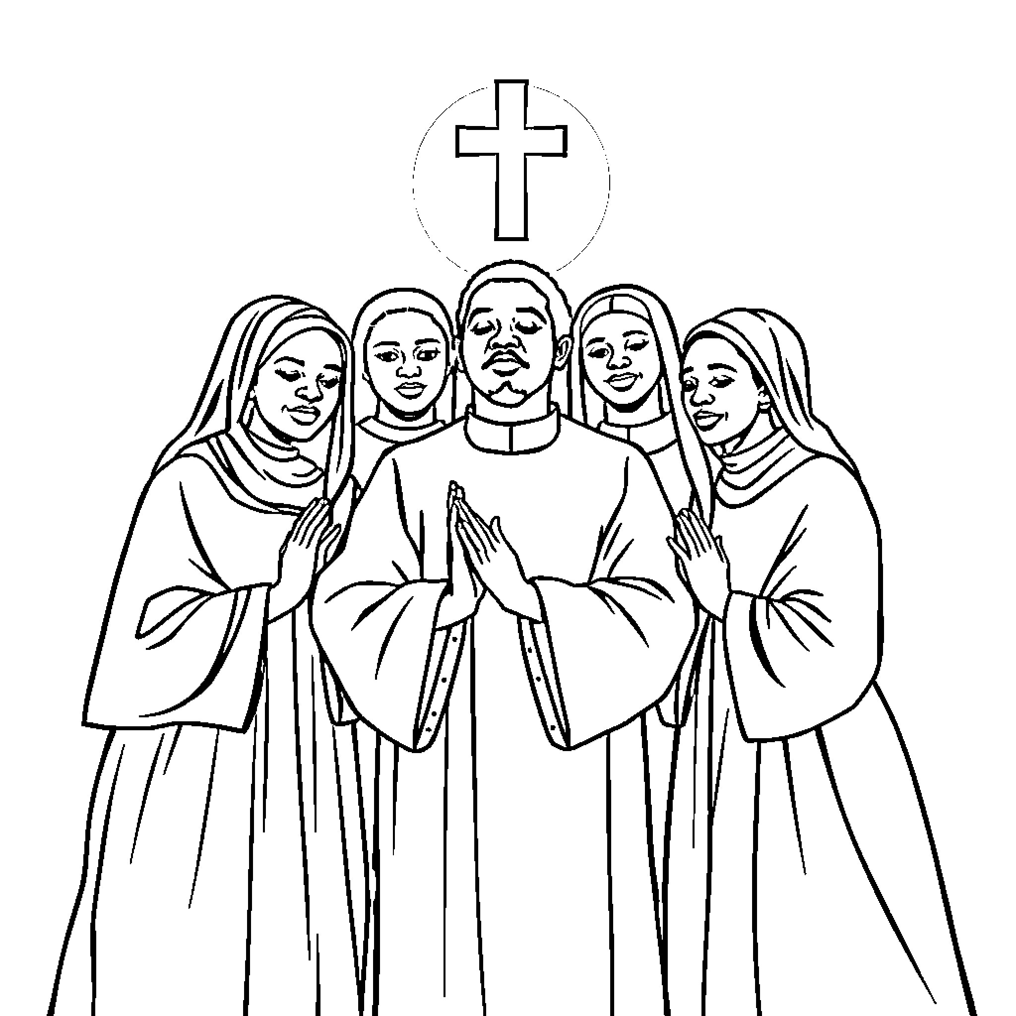 Saint Clergy Praying with Religious Symbols Coloring Page (free black-and-white line drawing printable PDF for all, from beginners to advanced learners, including children, teens, adults, and seniors)