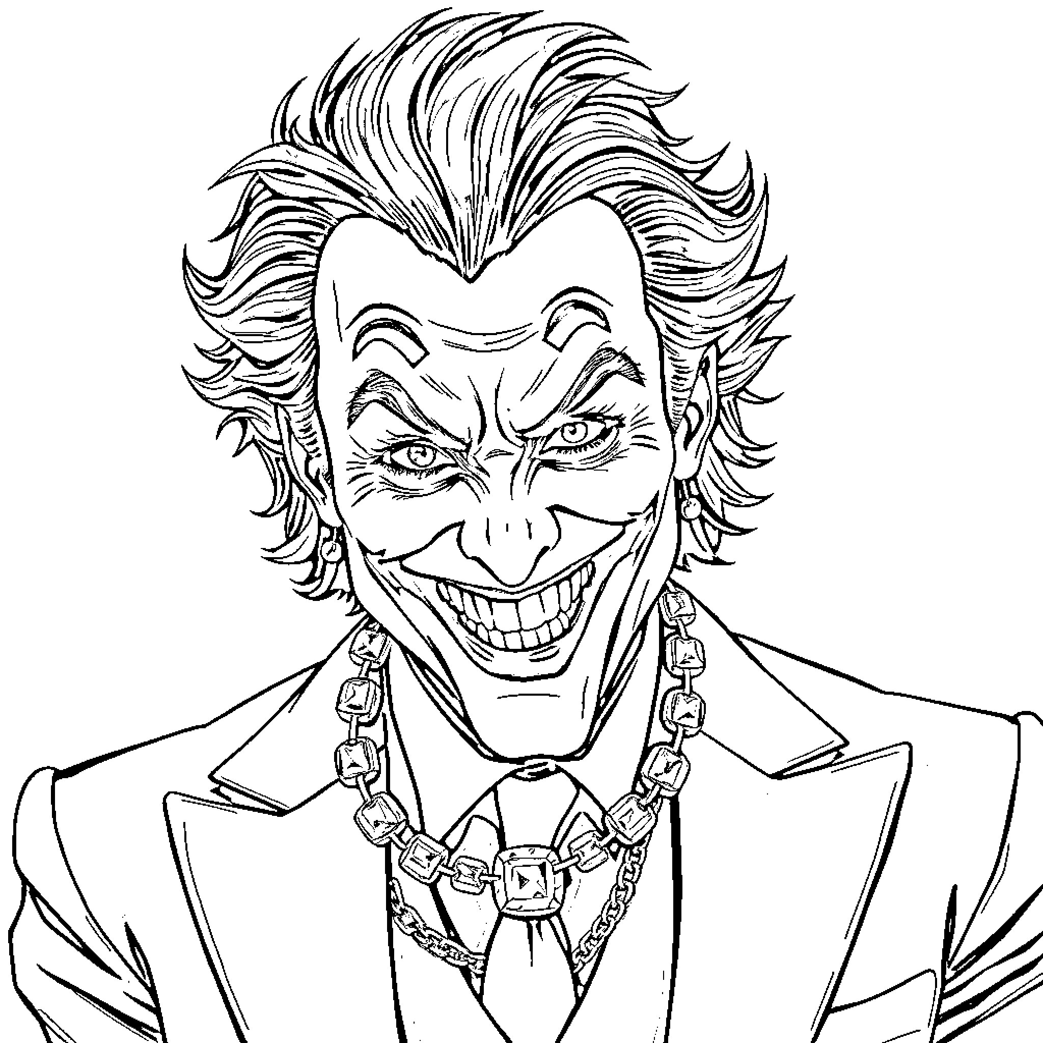 Joker's Mischievous Grin and Striking Attire Coloring Page (free black-and-white line drawing printable PDF for all, from beginners to advanced learners, including children, teens, adults, and seniors)
