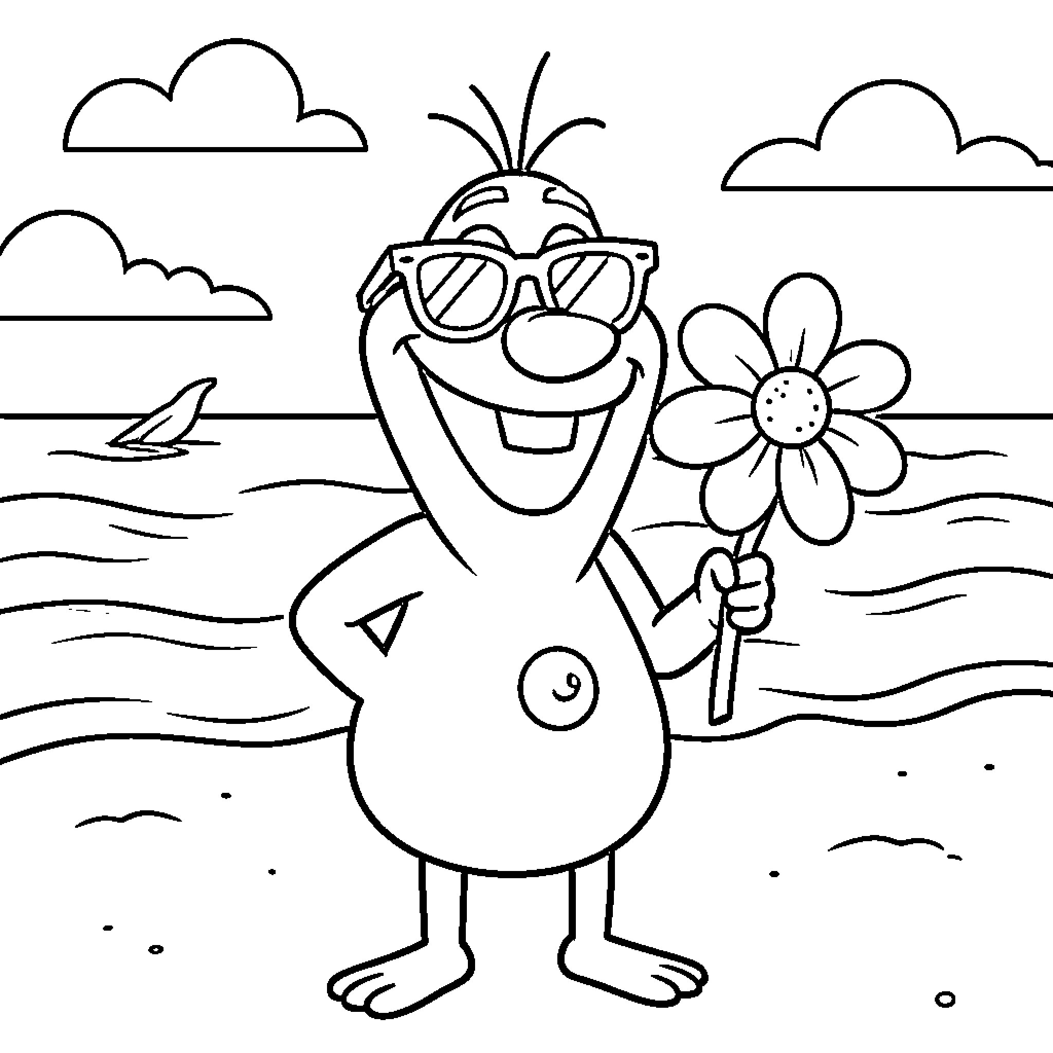 Olaf smiling with sunglasses and holding a flower Coloring Page (free black-and-white line drawing printable PDF for all, from beginners to advanced learners, including children, teens, adults, and seniors)