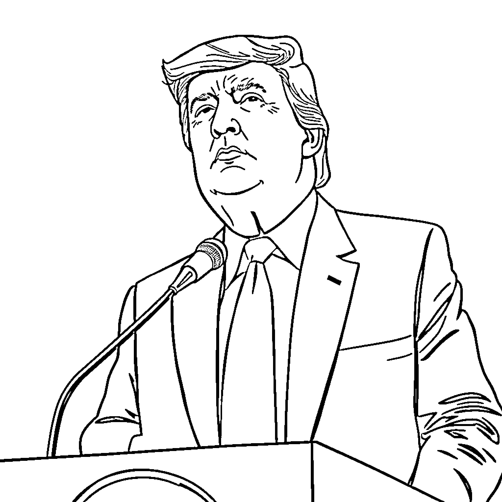 Donald Trump Delivering Animated Speech at Podium Coloring Page (free black-and-white line drawing printable PDF for all, from beginners to advanced learners, including children, teens, adults, and seniors)