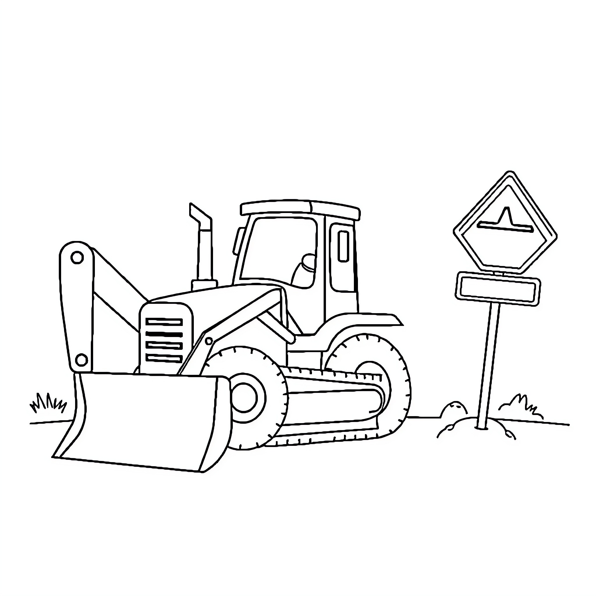 Excavator at construction site with traffic sign Coloring Page (free black-and-white line drawing printable PDF for all, from beginners to advanced learners, including children, teens, adults, and seniors)