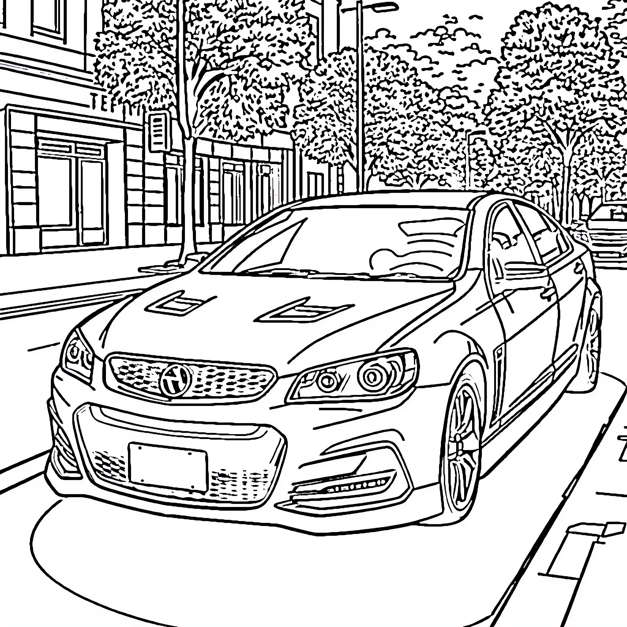 Vf Maloo Sport Sedan on City Street Coloring Page (free black-and-white line drawing printable PDF for all, from beginners to advanced learners, including children, teens, adults, and seniors)