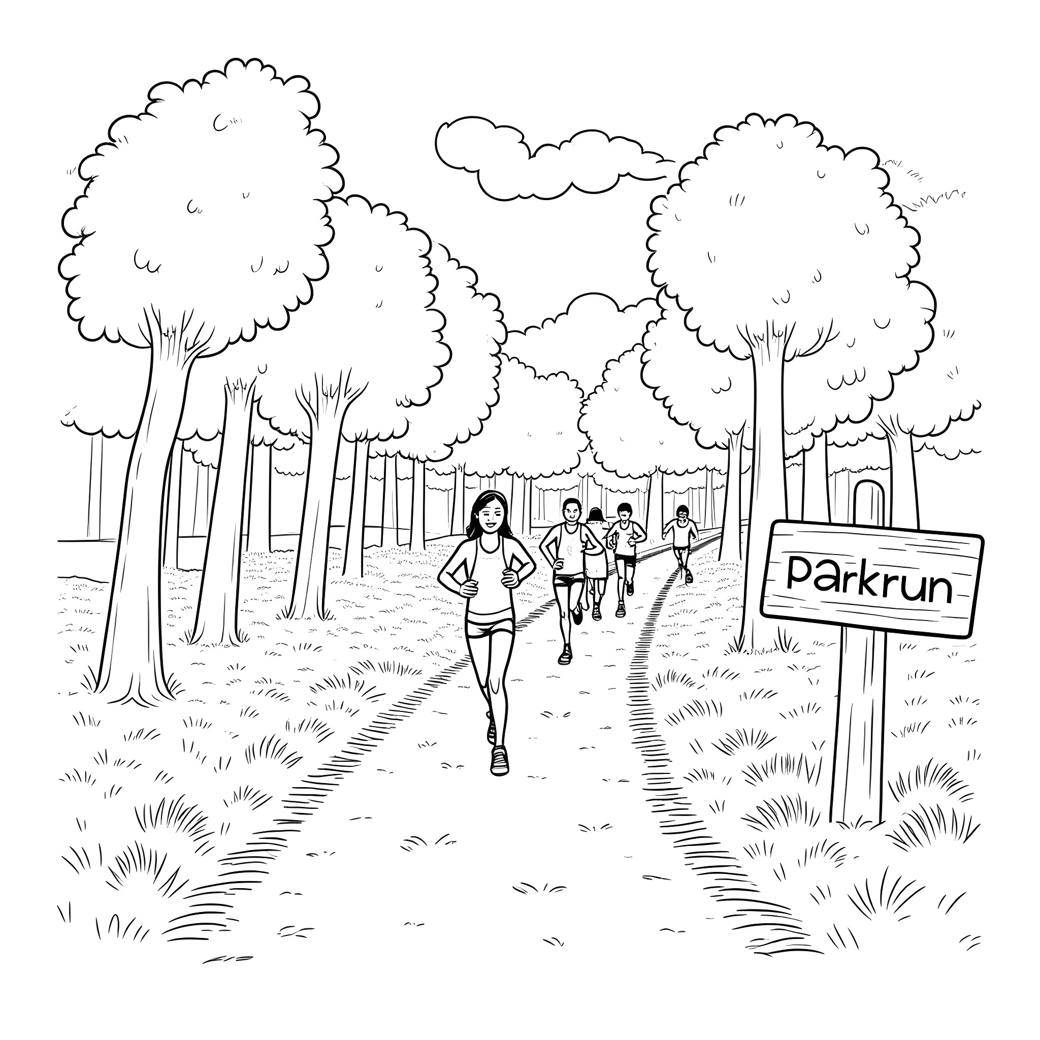 Runner racing along park trail with others Coloring Page (free black-and-white line drawing printable PDF for all, from beginners to advanced learners, including children, teens, adults, and seniors)