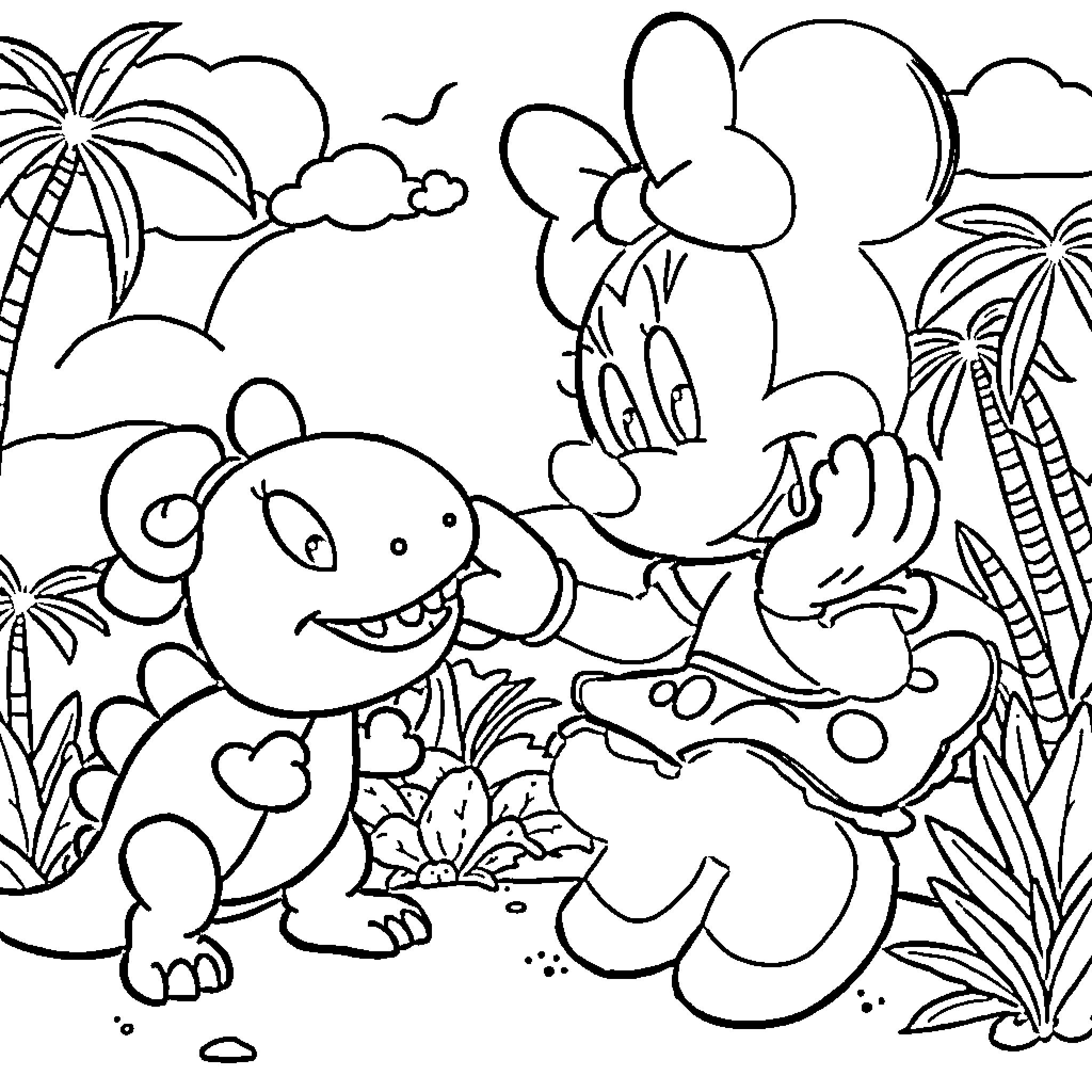 Minnie Mouse having fun with jungle animals Coloring Page (free black-and-white line drawing printable PDF for all, from beginners to advanced learners, including children, teens, adults, and seniors)