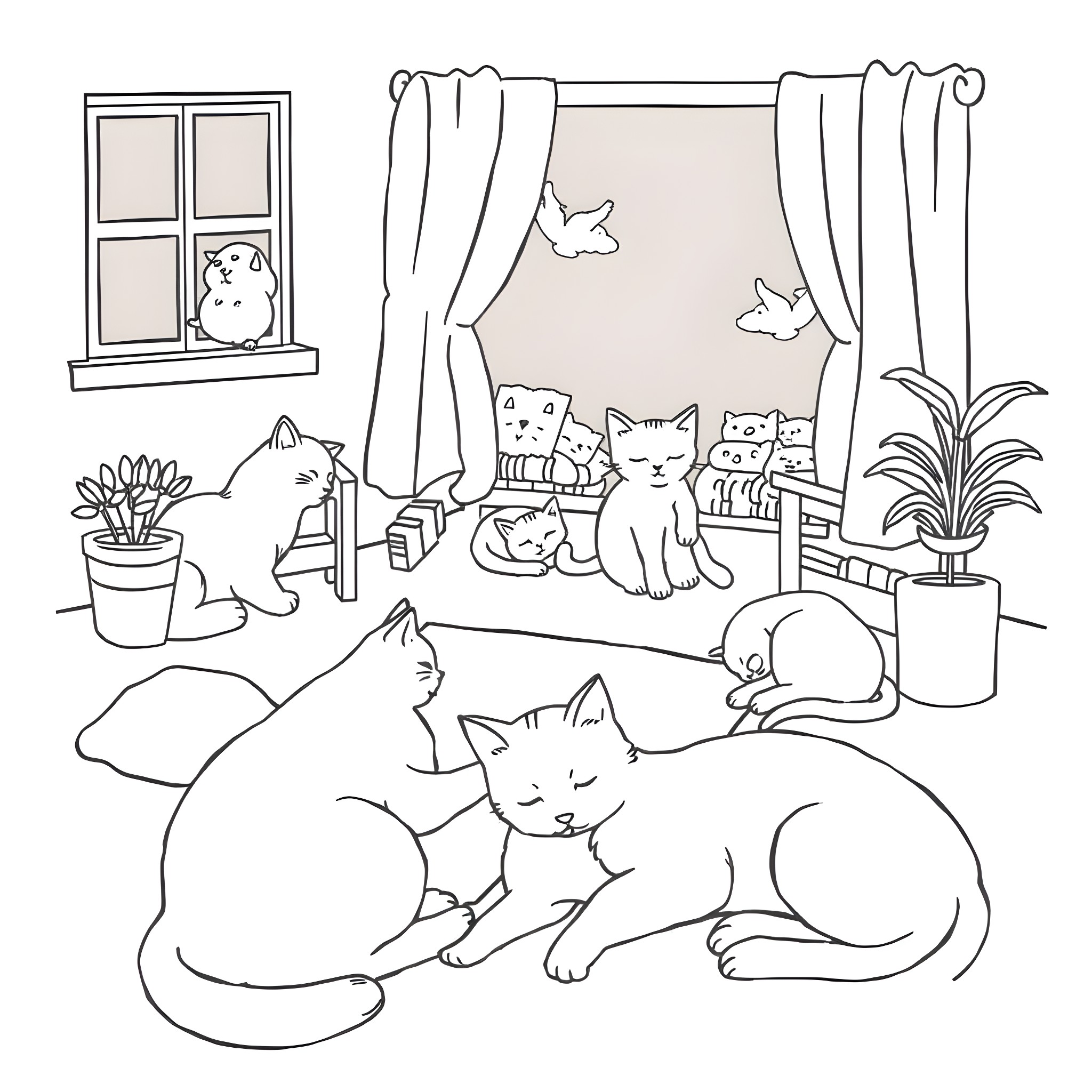 Cats relaxing in a cozy indoor scene Coloring Page (free black-and-white line drawing printable PDF for all, from beginners to advanced learners, including children, teens, adults, and seniors)