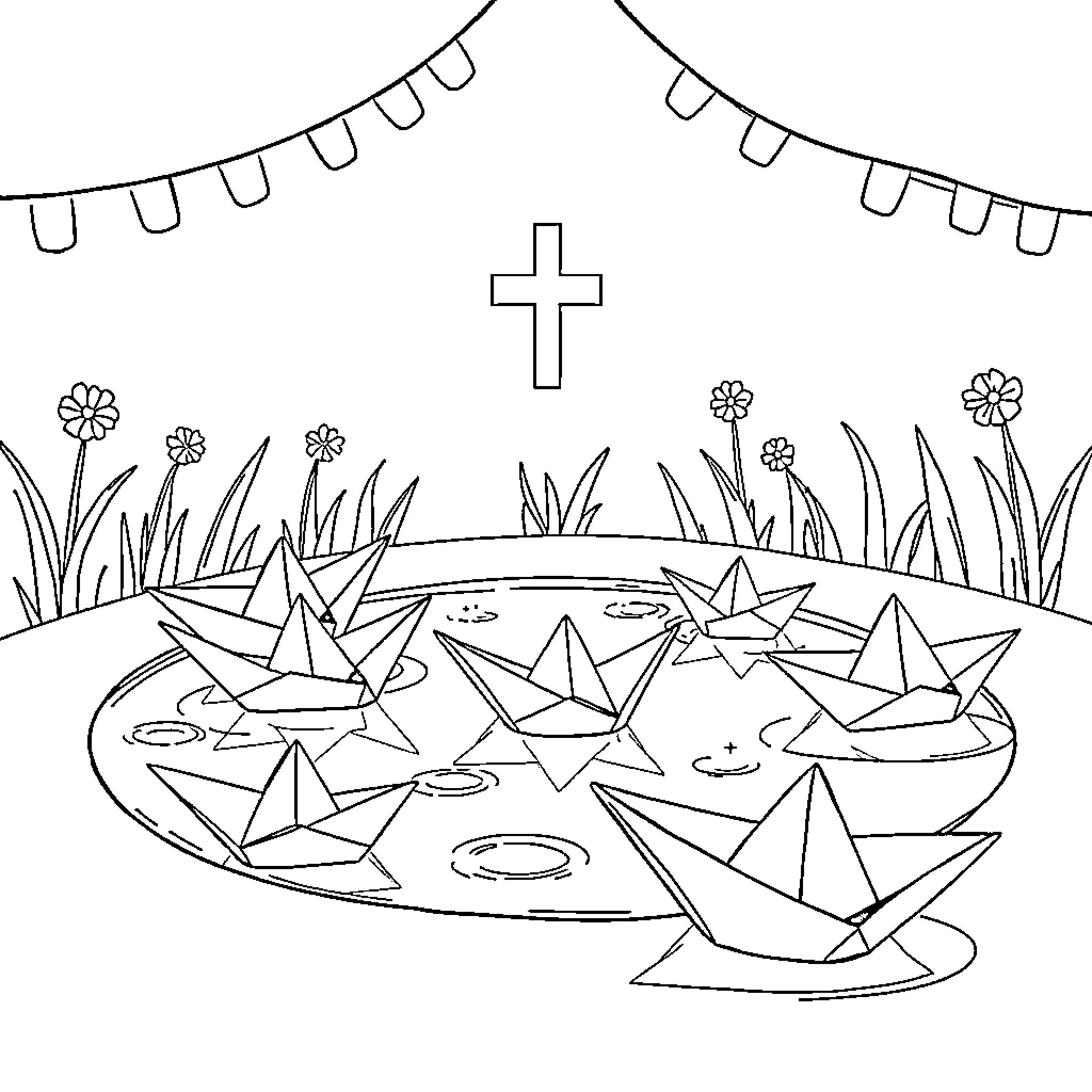 Origami Boat on Pond with Flowers and Cross Coloring Page (free black-and-white line drawing printable PDF for all, from beginners to advanced learners, including children, teens, adults, and seniors)