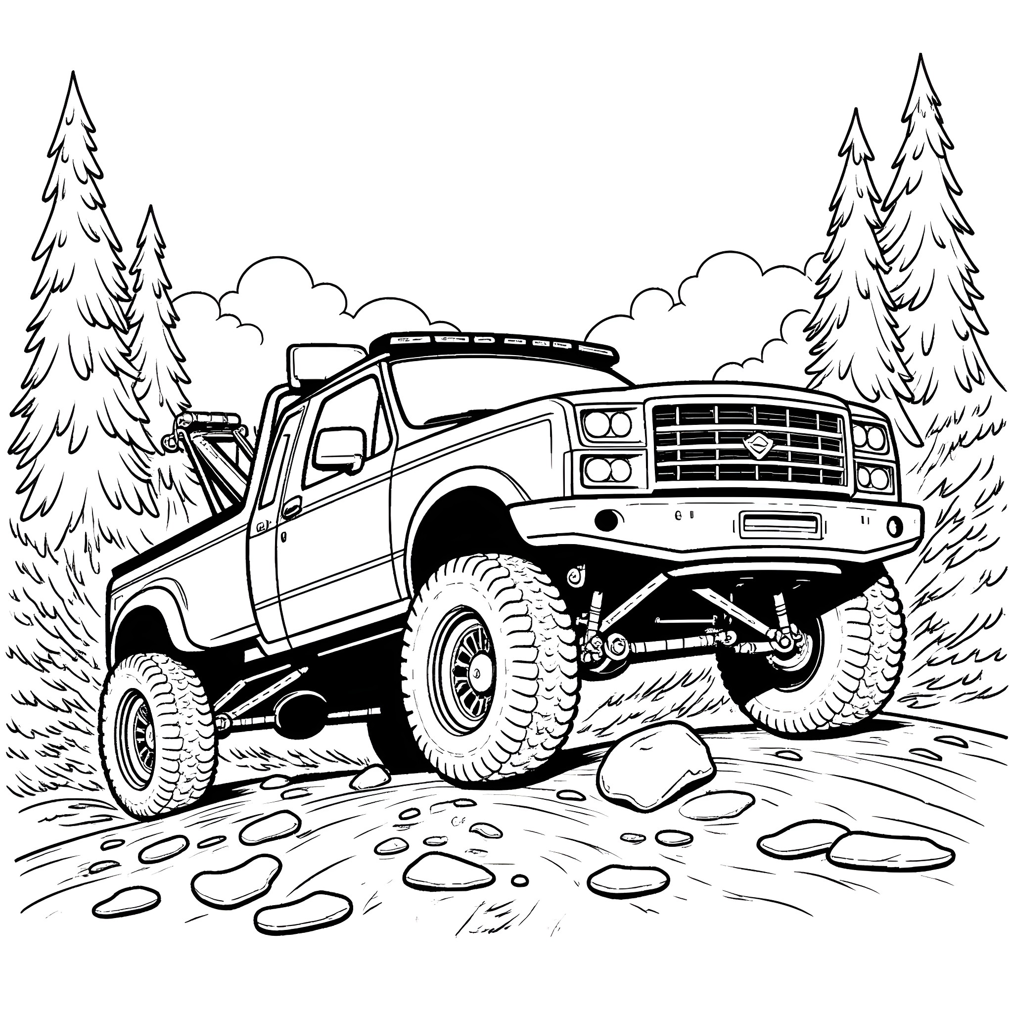 Wrecker Truck Navigating Rugged Terrain Coloring Page (free black-and-white line drawing printable PDF for all, from beginners to advanced learners, including children, teens, adults, and seniors)