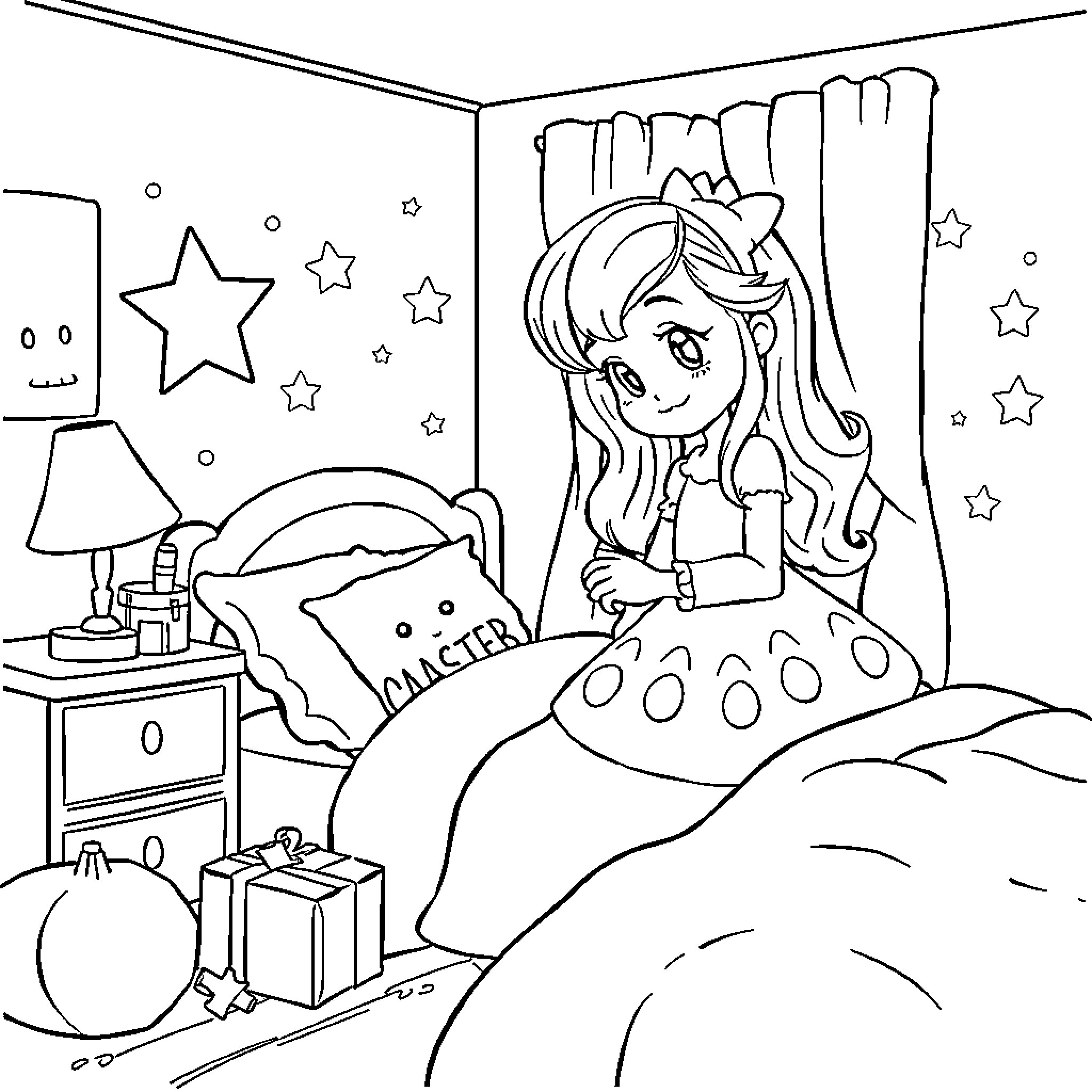 Stella's Cozy Bedtime Routine Coloring Page (free black-and-white line drawing printable PDF for all, from beginners to advanced learners, including children, teens, adults, and seniors)