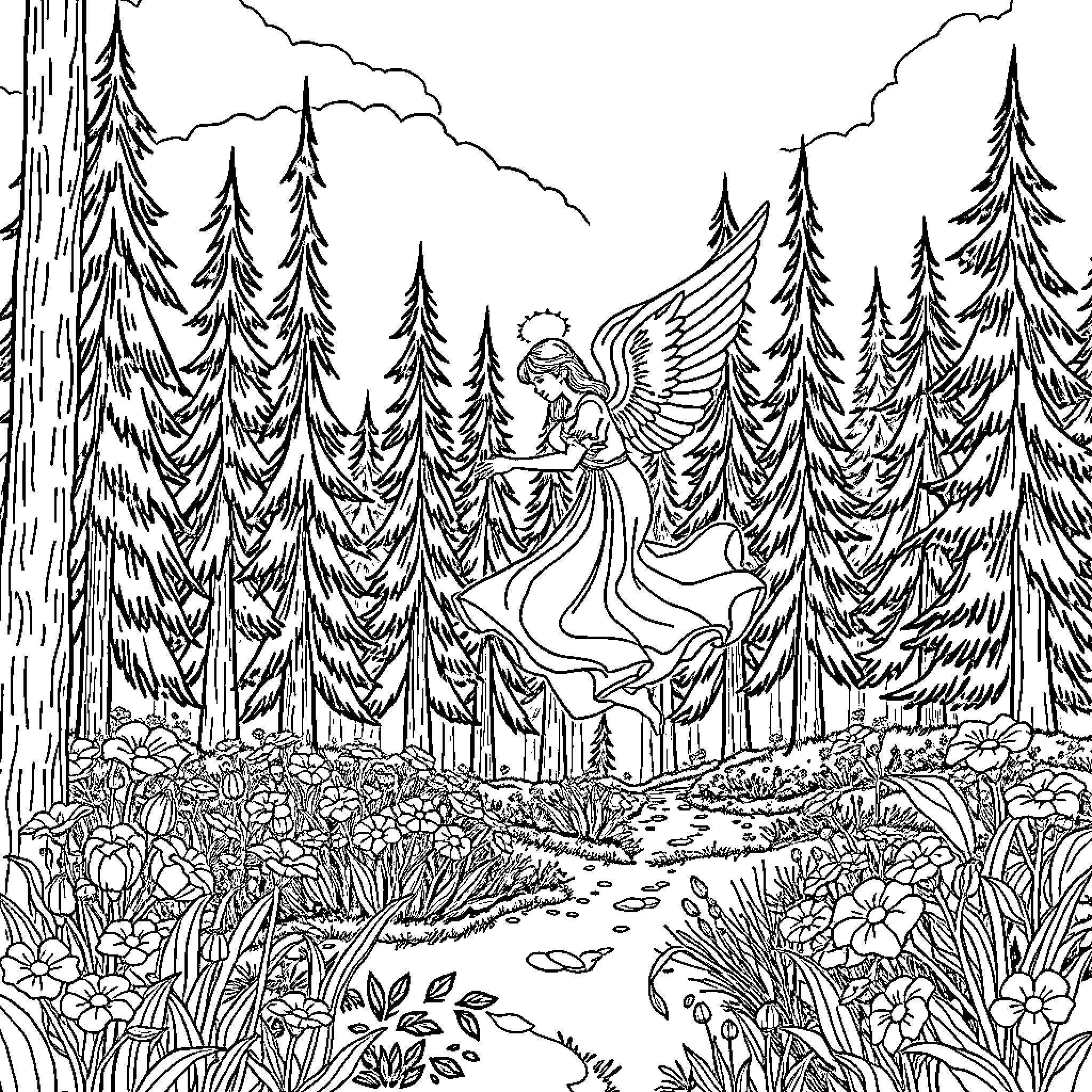 Angel dancing gracefully in enchanted woodland Coloring Page (free black-and-white line drawing printable PDF for all, from beginners to advanced learners, including children, teens, adults, and seniors)